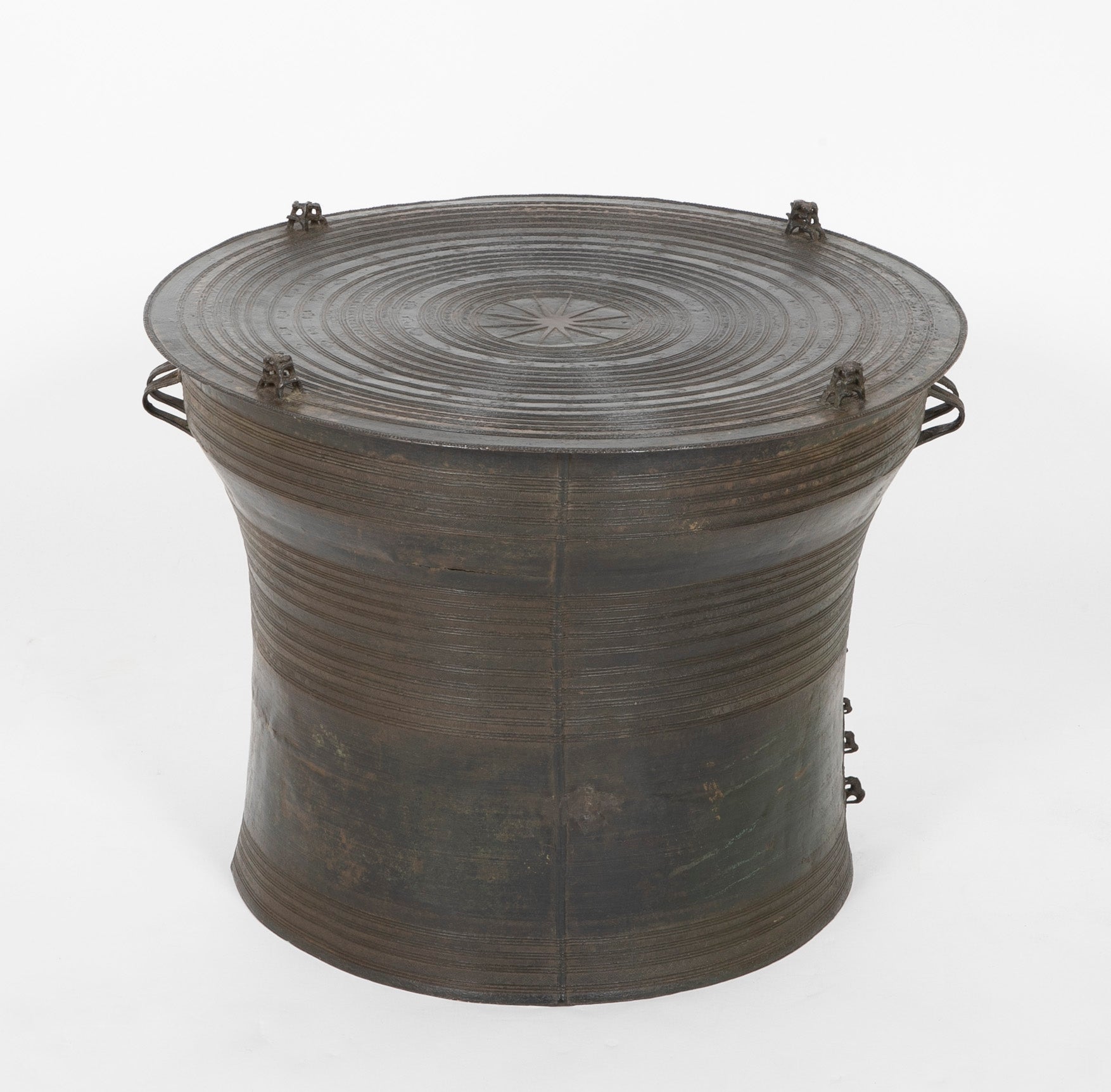 Southeast Asian Bronze Rain Drum with Triple Stacked Piggy-back Frogs & a Procession of Elephants