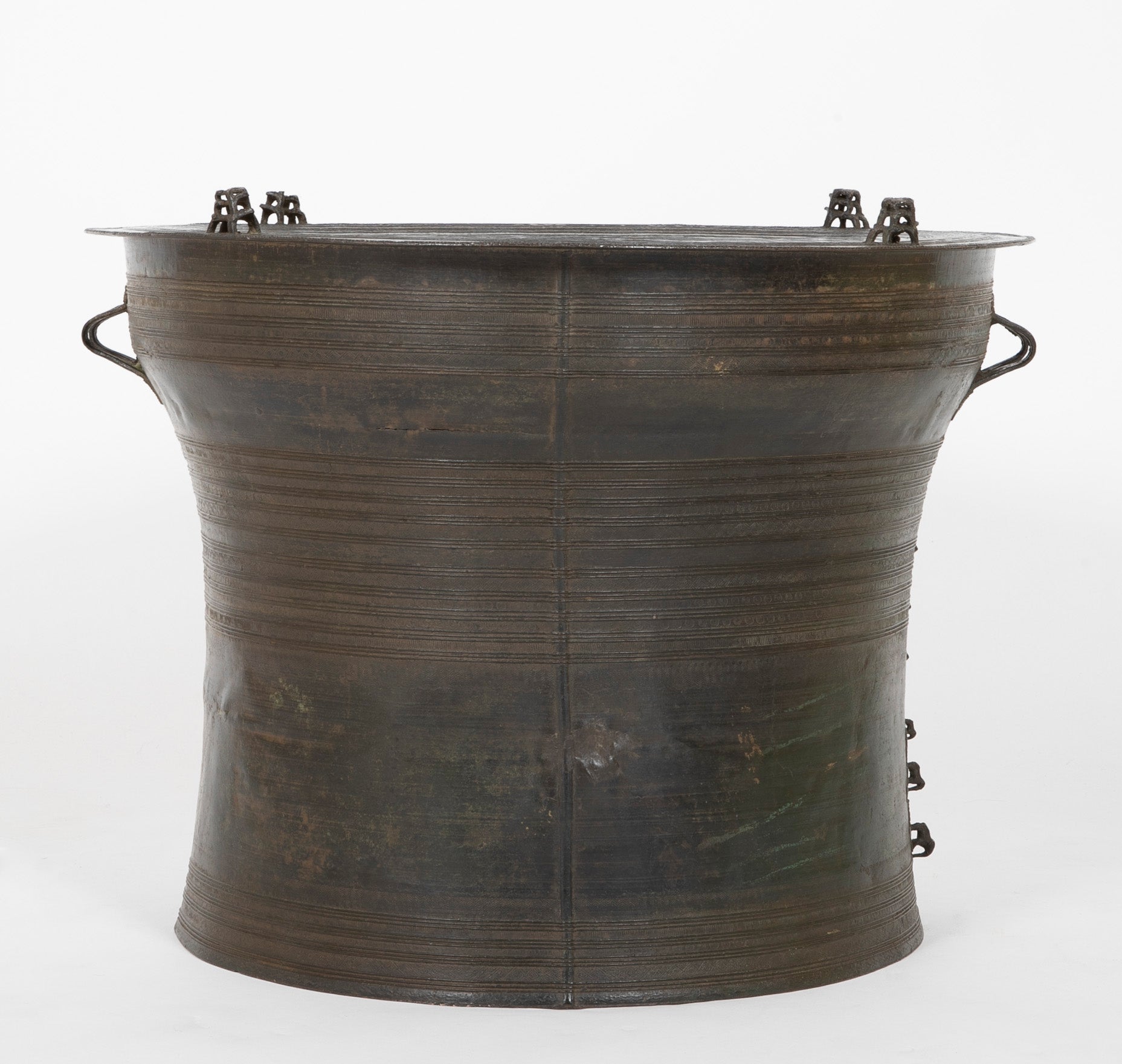 Southeast Asian Bronze Rain Drum with Triple Stacked Piggy-back Frogs & a Procession of Elephants