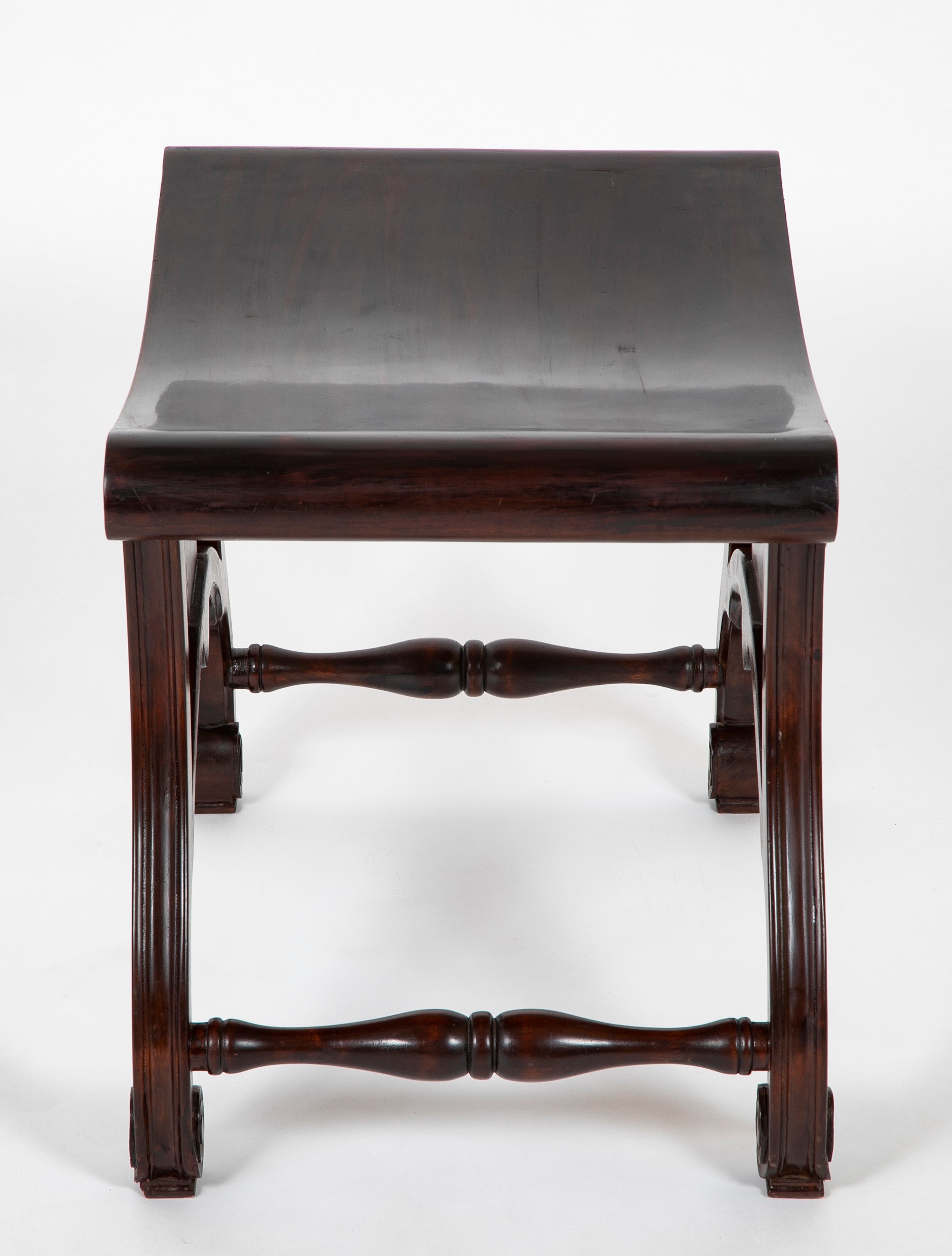 Pair of English Chippendale Style Mahogany Saddle Seat Scroll Leg Stools