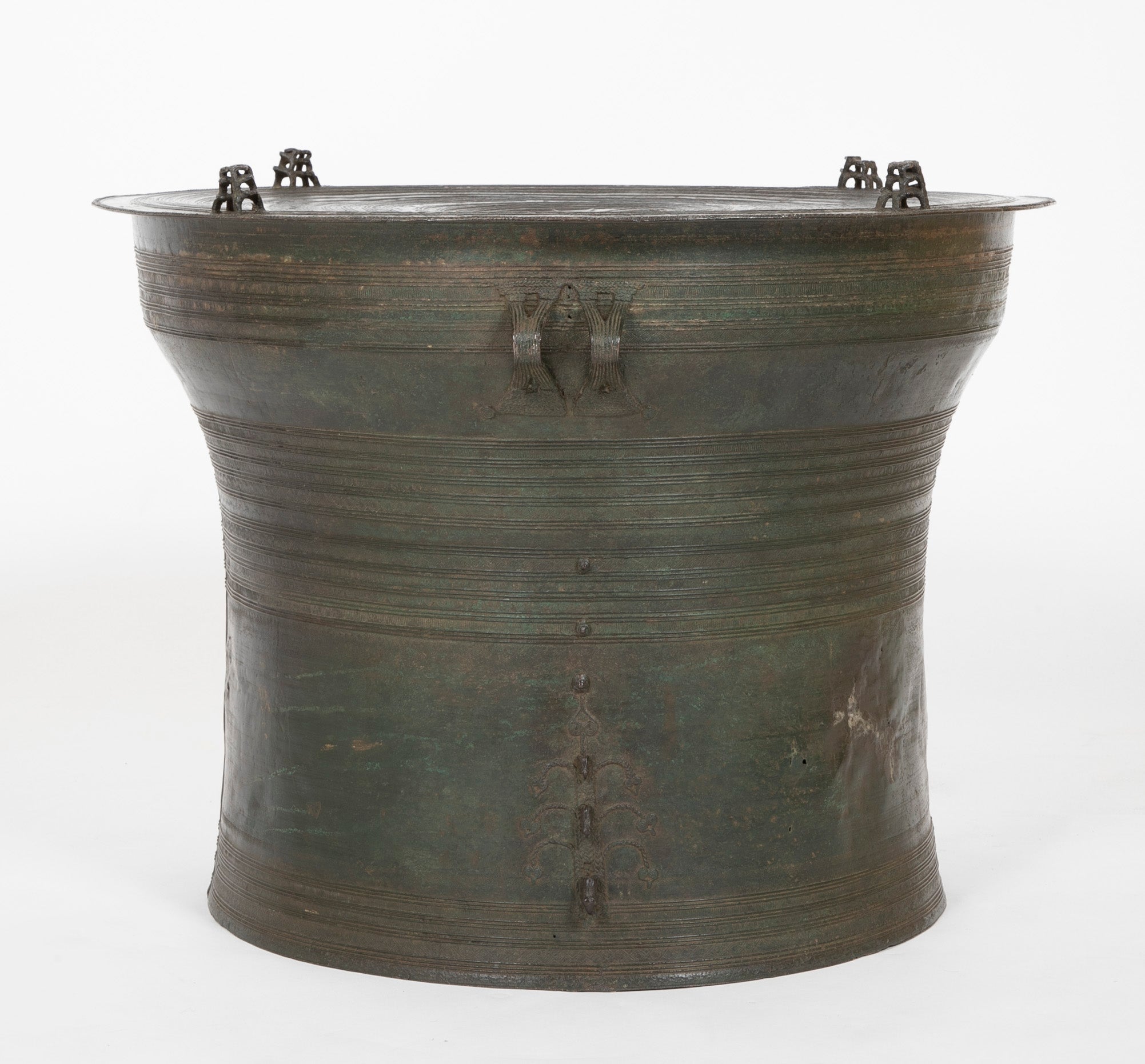 Southeast Asian Bronze Rain Drum with Triple Stacked Piggy-back Frogs & a Procession of Elephants