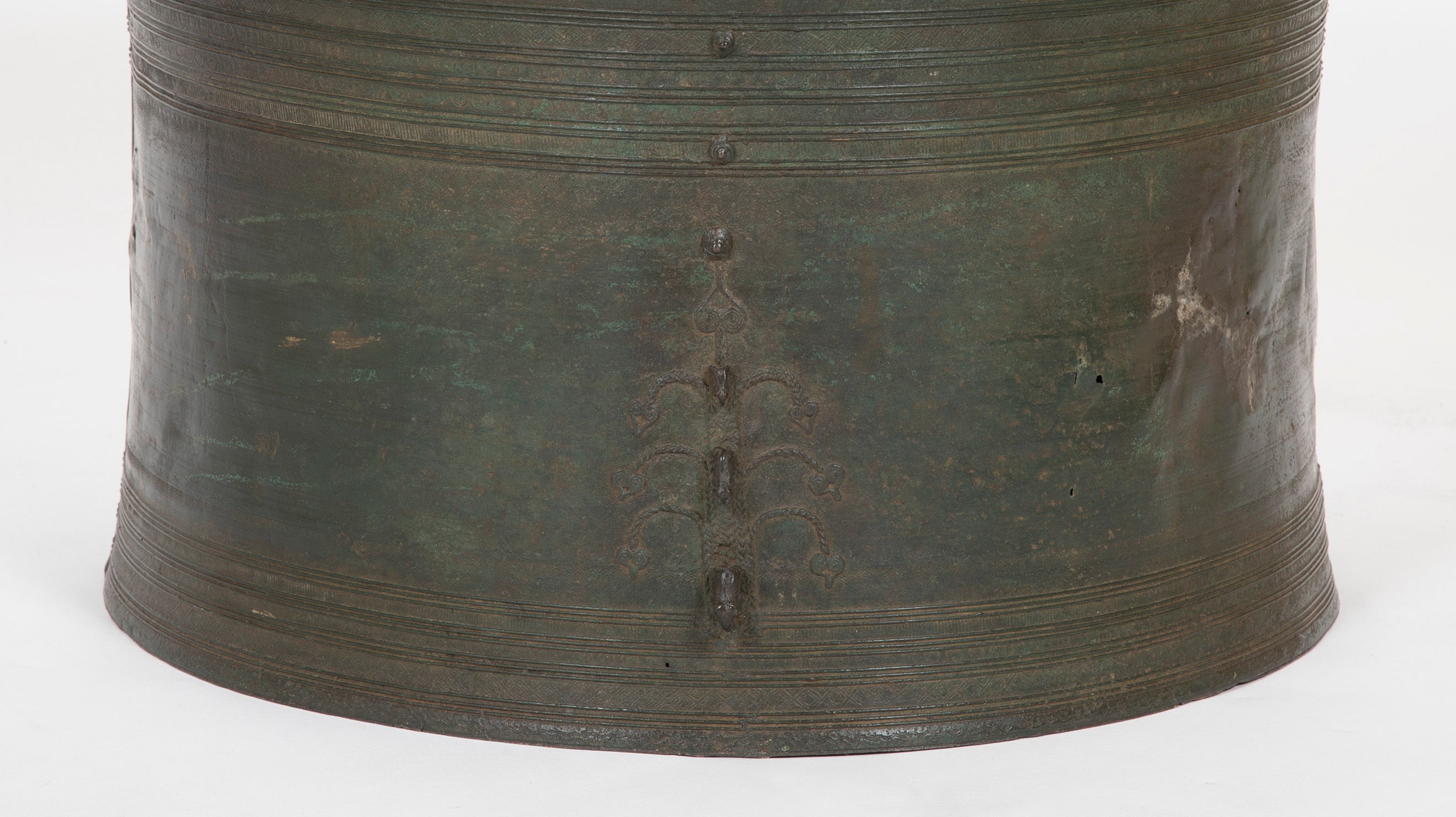 Southeast Asian Bronze Rain Drum with Triple Stacked Piggy-back Frogs & a Procession of Elephants