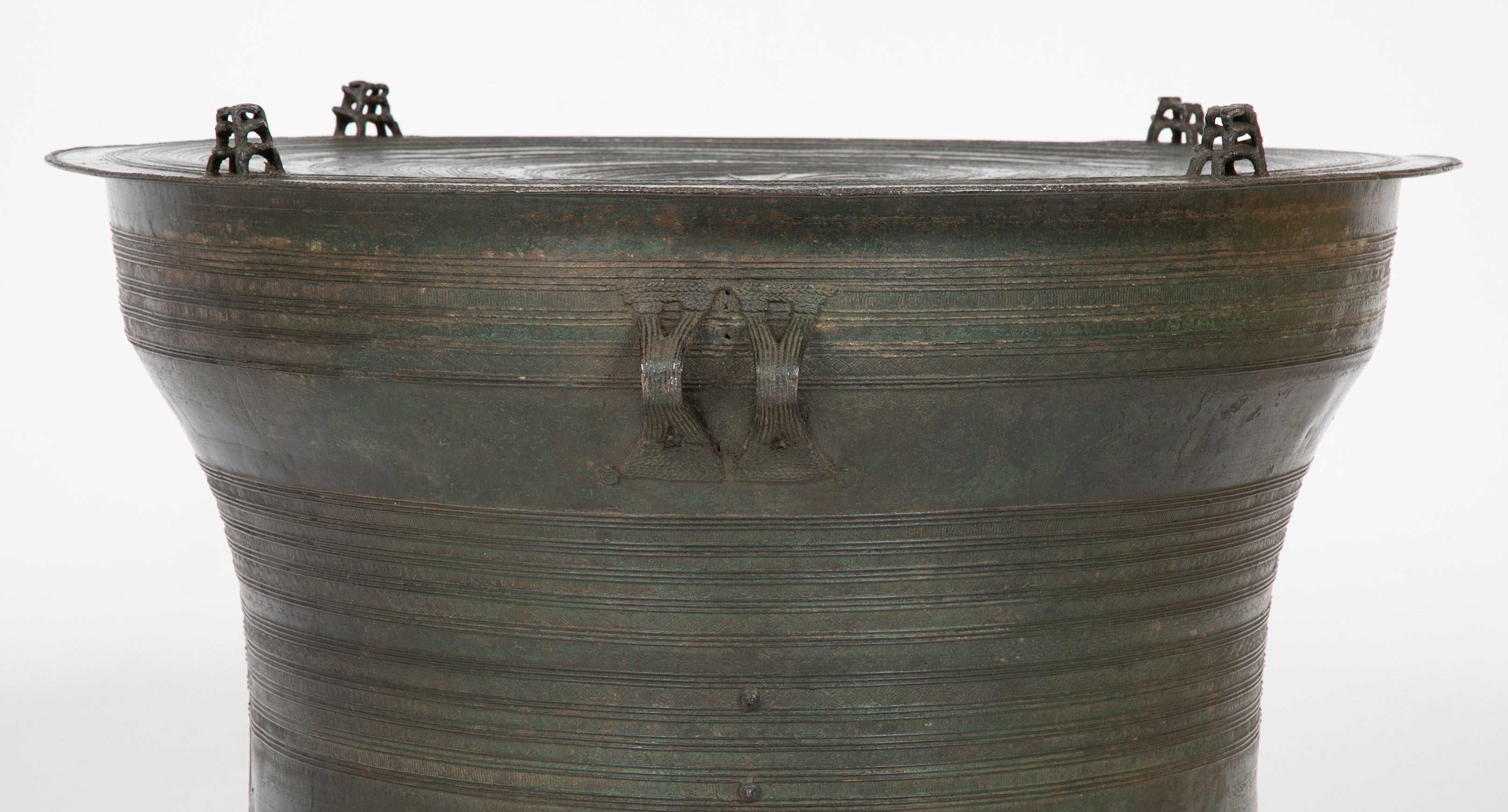 Southeast Asian Bronze Rain Drum with Triple Stacked Piggy-back Frogs & a Procession of Elephants