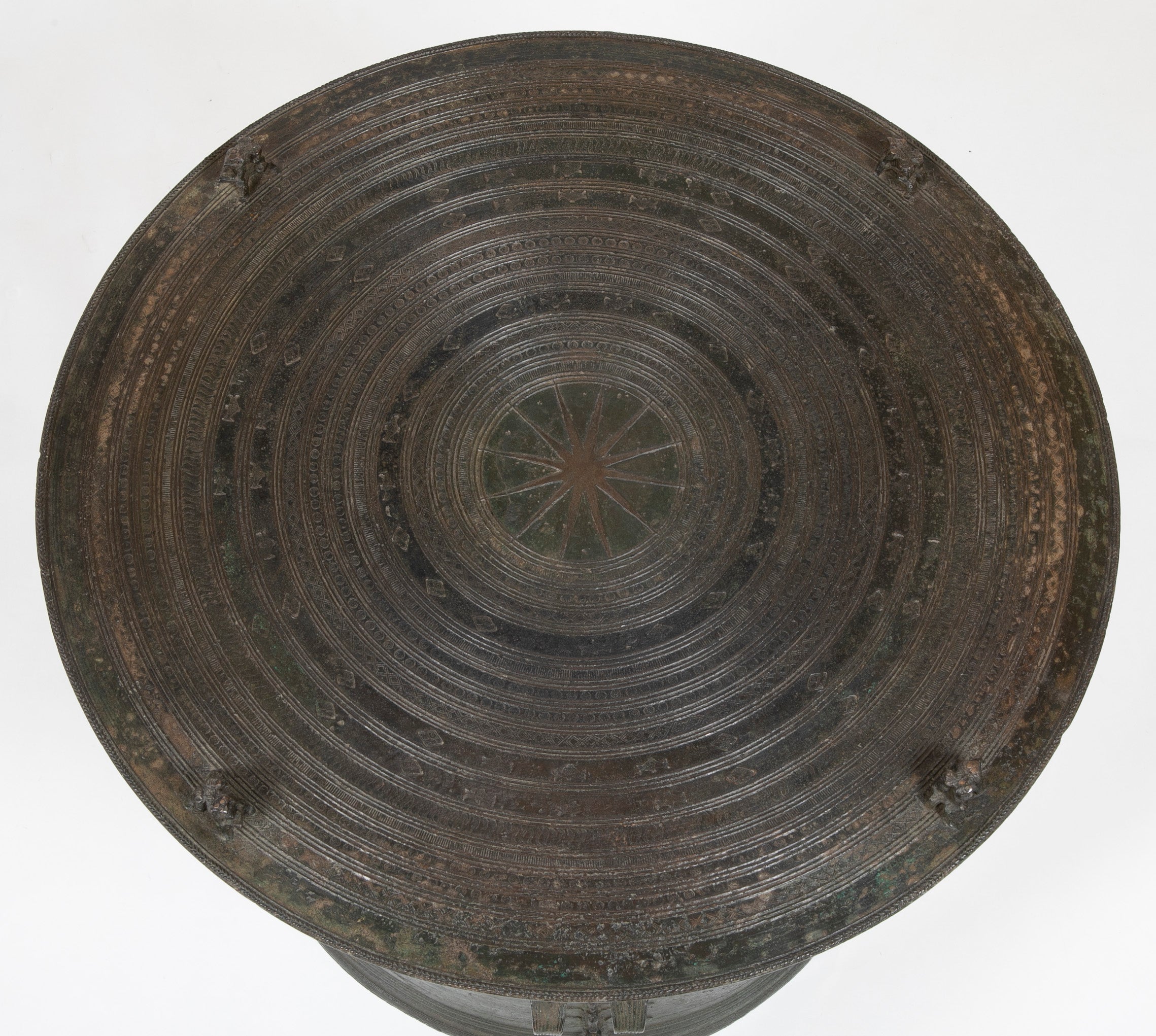 Southeast Asian Bronze Rain Drum with Triple Stacked Piggy-back Frogs & a Procession of Elephants