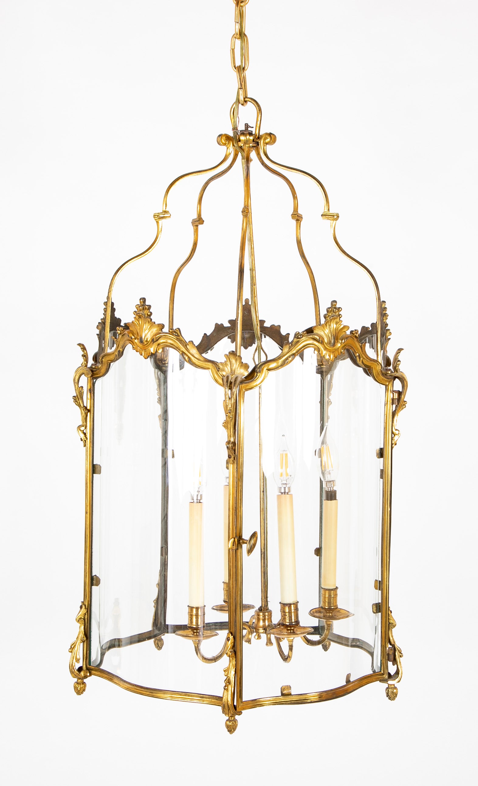 Late 19th century Classic Bronze Pentagonal Lantern of Serpentine & Arched Glass with Latched Door