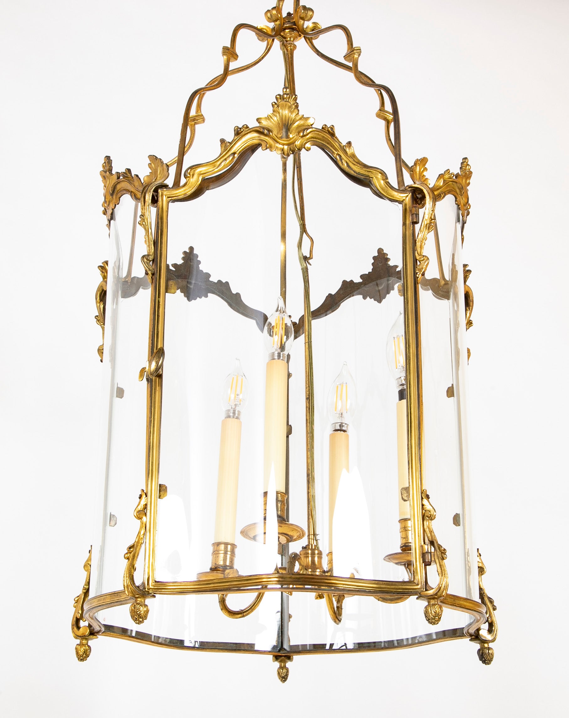 Late 19th century Classic Bronze Pentagonal Lantern of Serpentine & Arched Glass with Latched Door