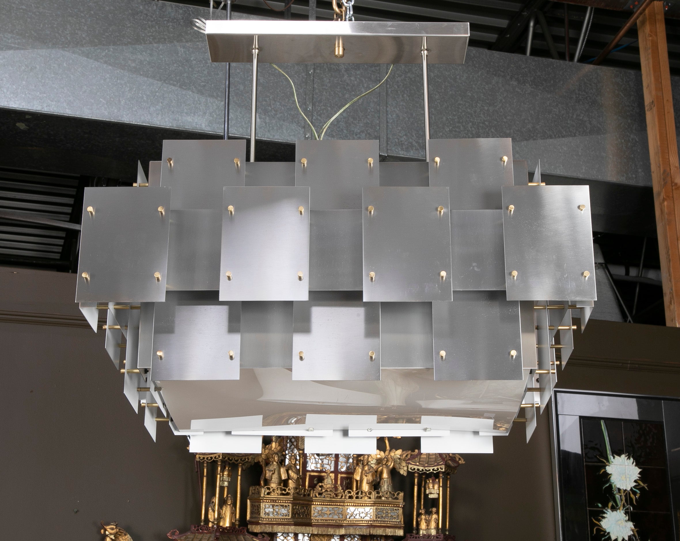 Robert Sonneman Industrial Style Brushed Metal Chandelier with Pair of Matching Sconces