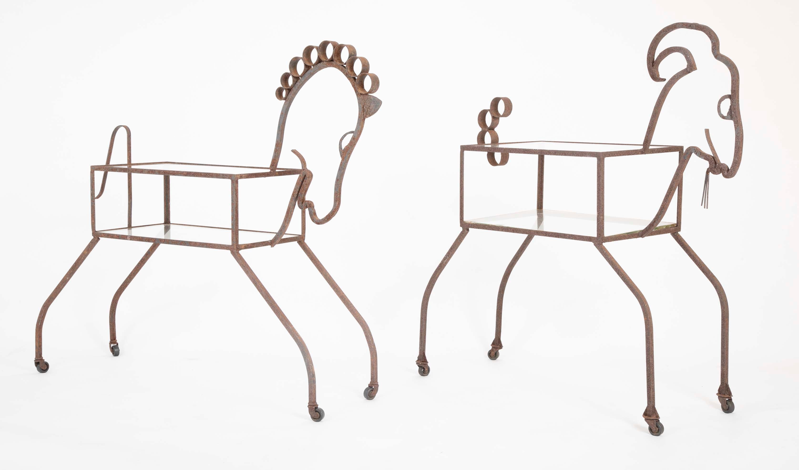 Unique Pair of Wrought Iron Side Tables in Goat & Horse Forms