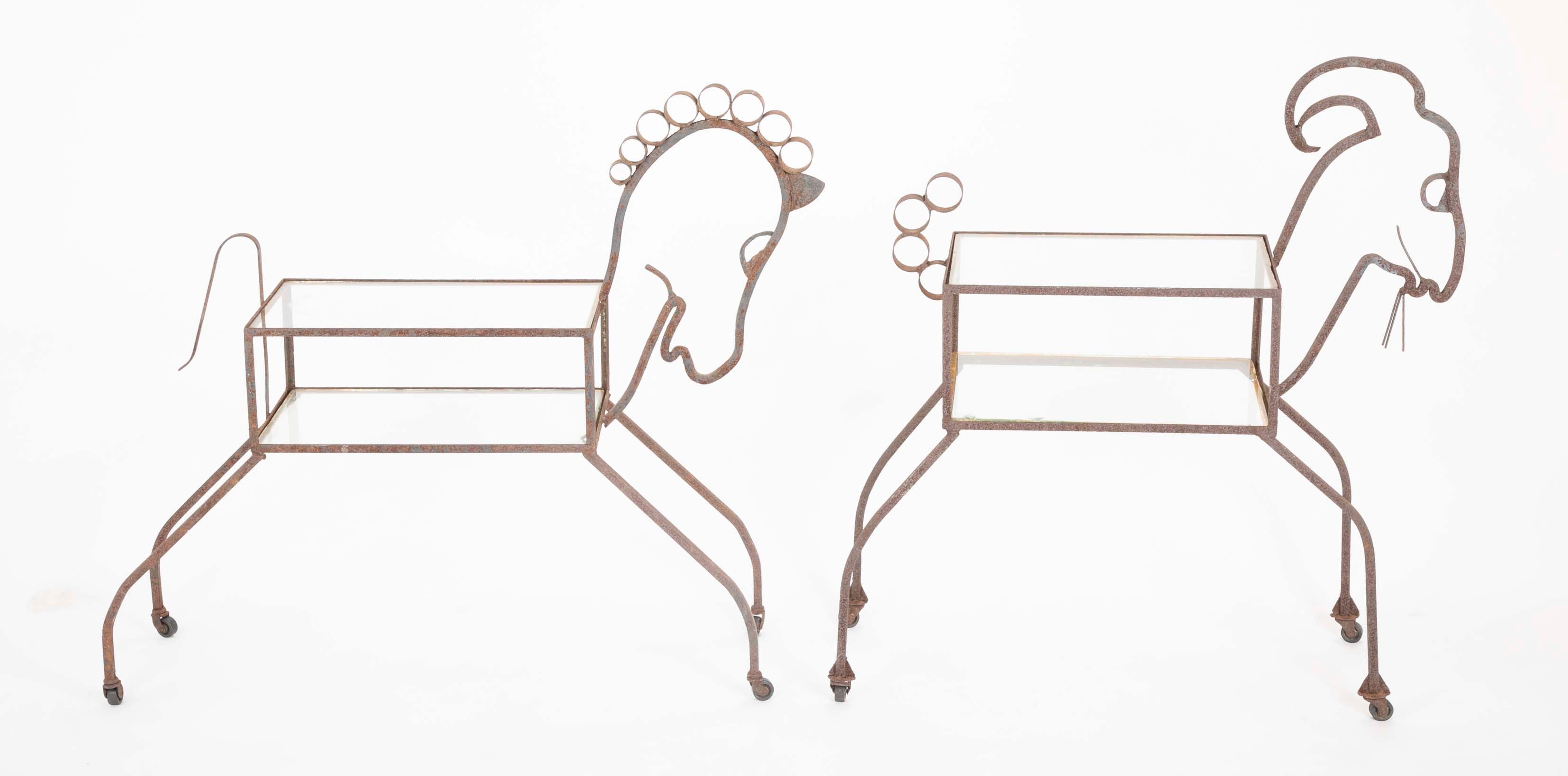 Unique Pair of Wrought Iron Side Tables in Goat & Horse Forms