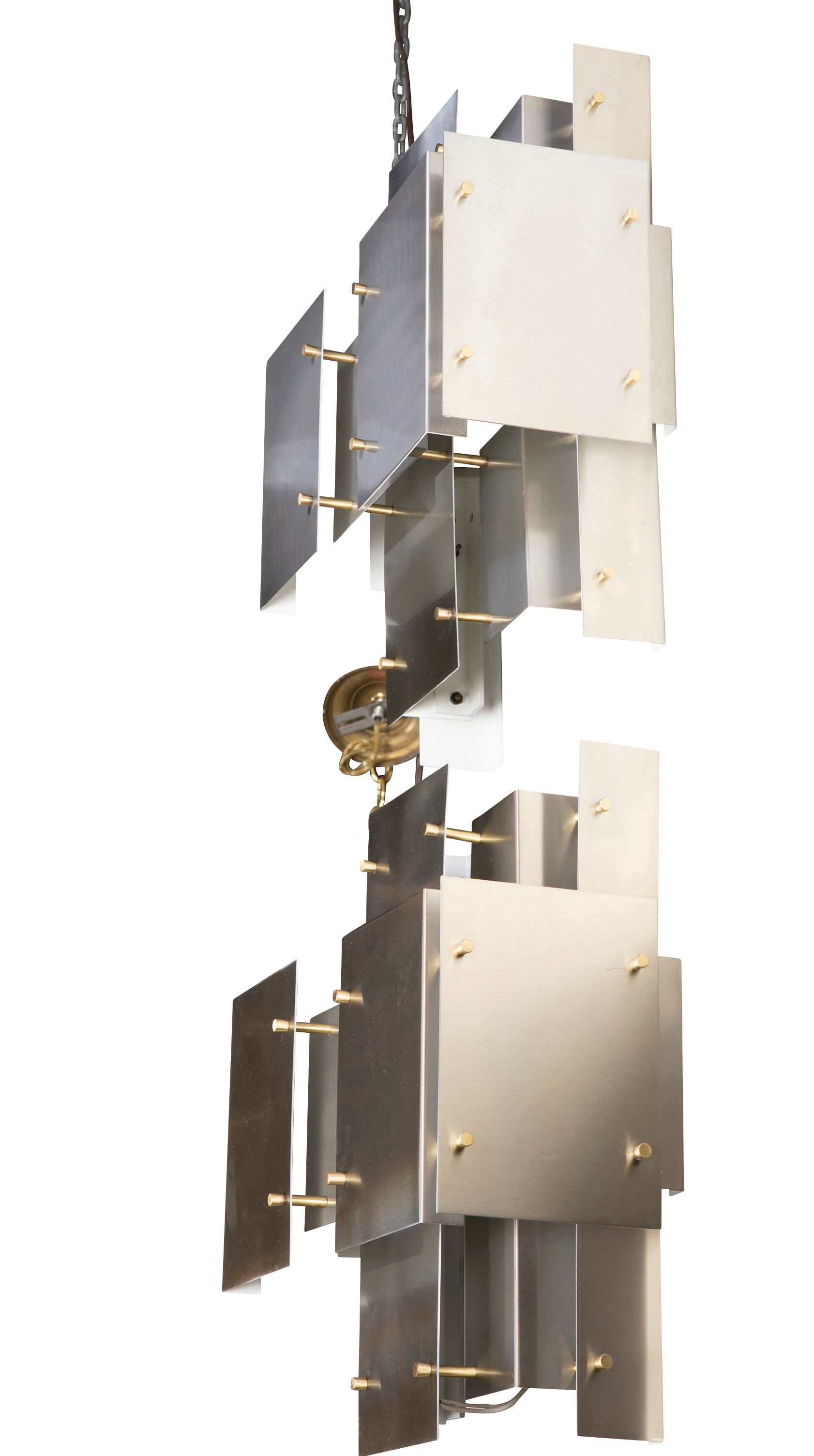 Robert Sonneman Industrial Style Brushed Metal Chandelier with Pair of Matching Sconces