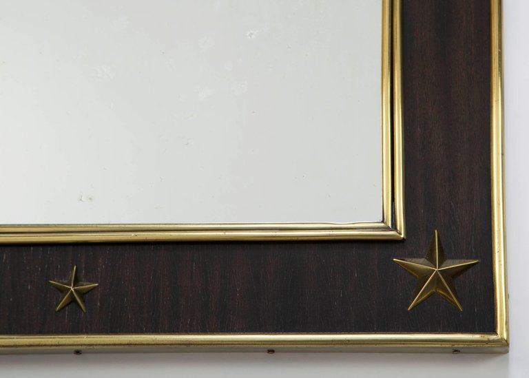 Jacques Adnet Wood and Brass Mirror with Brass Stars