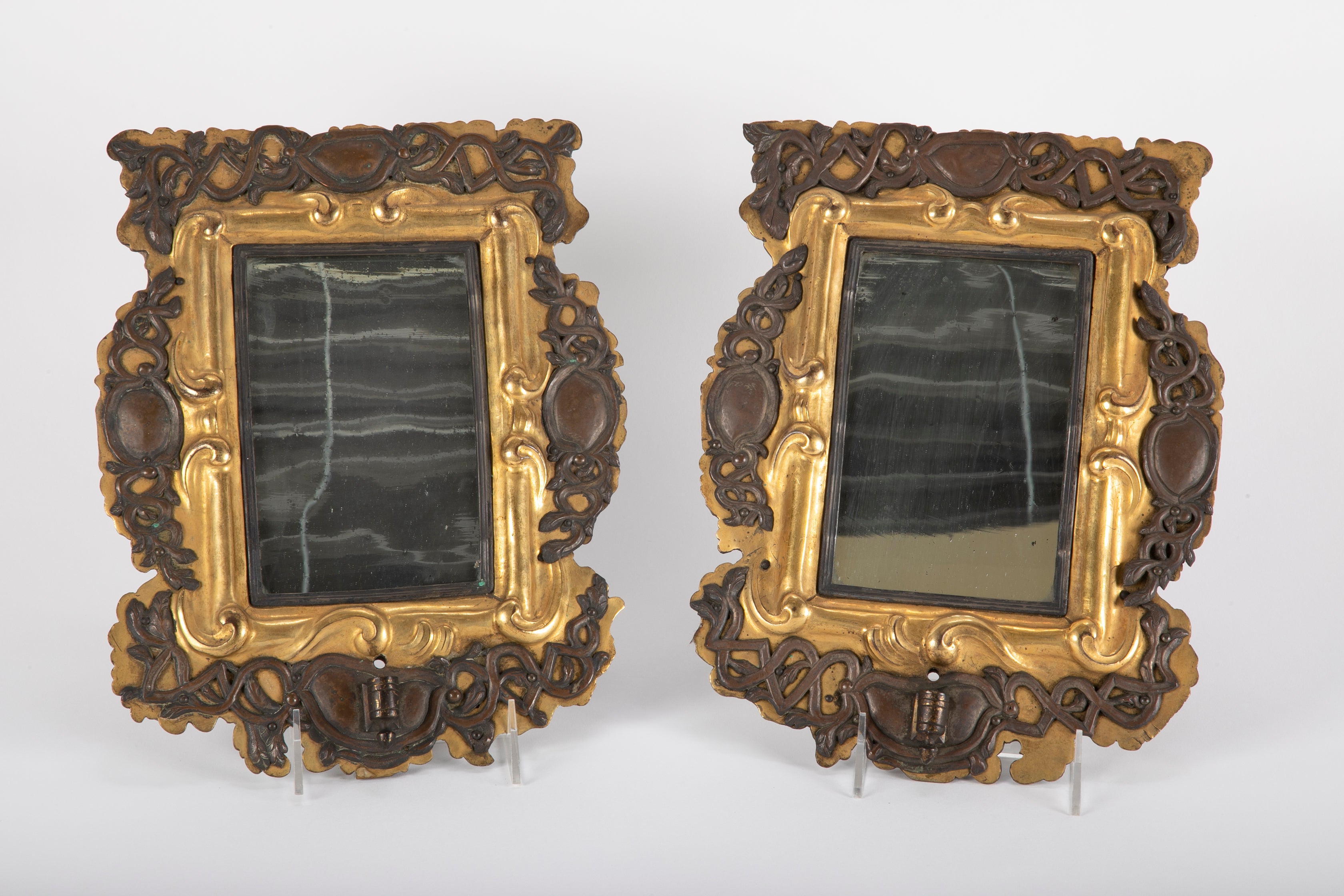 Pair of Unusual 18th Century Brass & Silver Mirror Sconces
