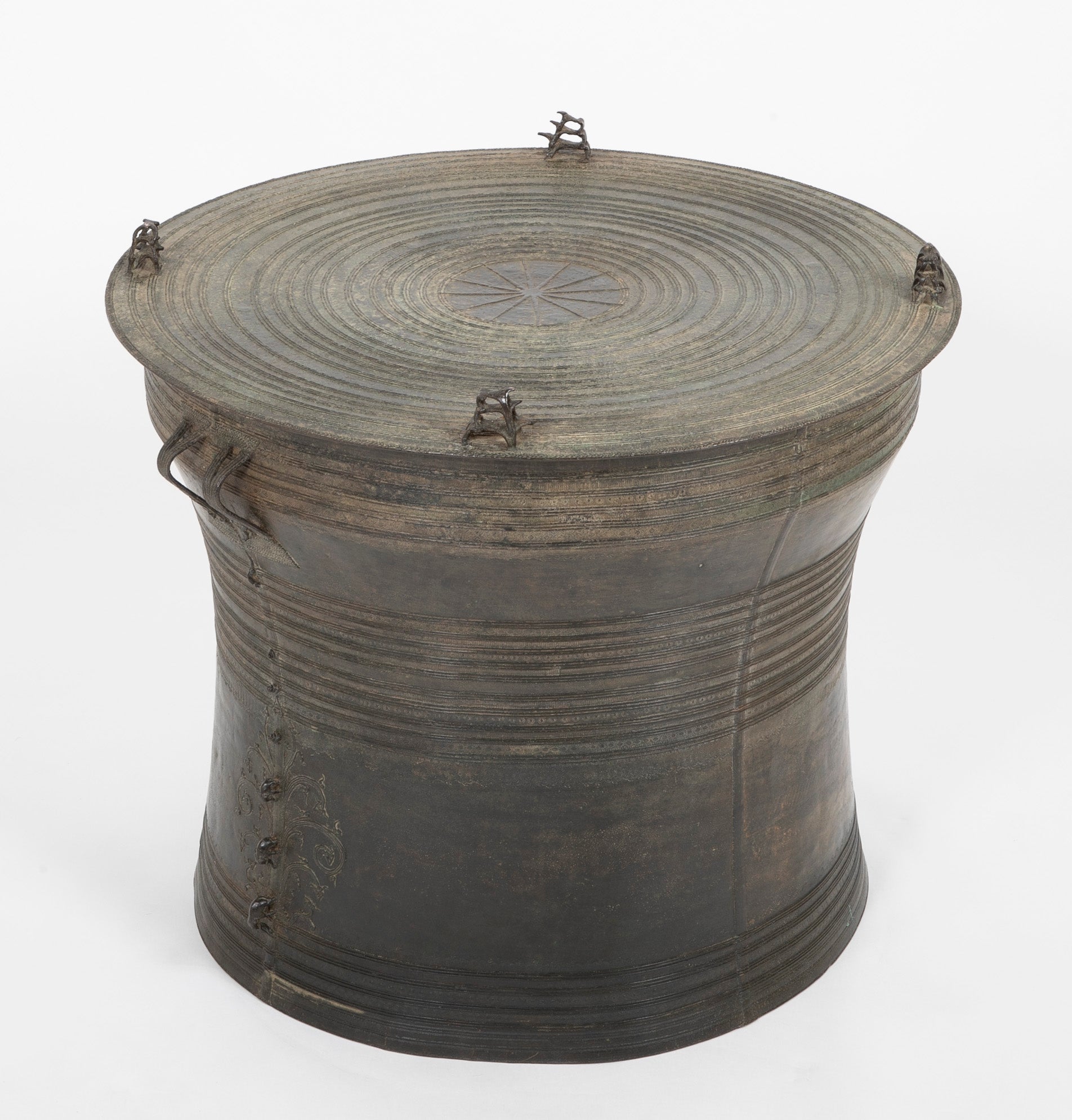 Southeast Asian Bronze Rain Drum with Triple Stacked Piggy-back Frogs & a Procession of Elephants
