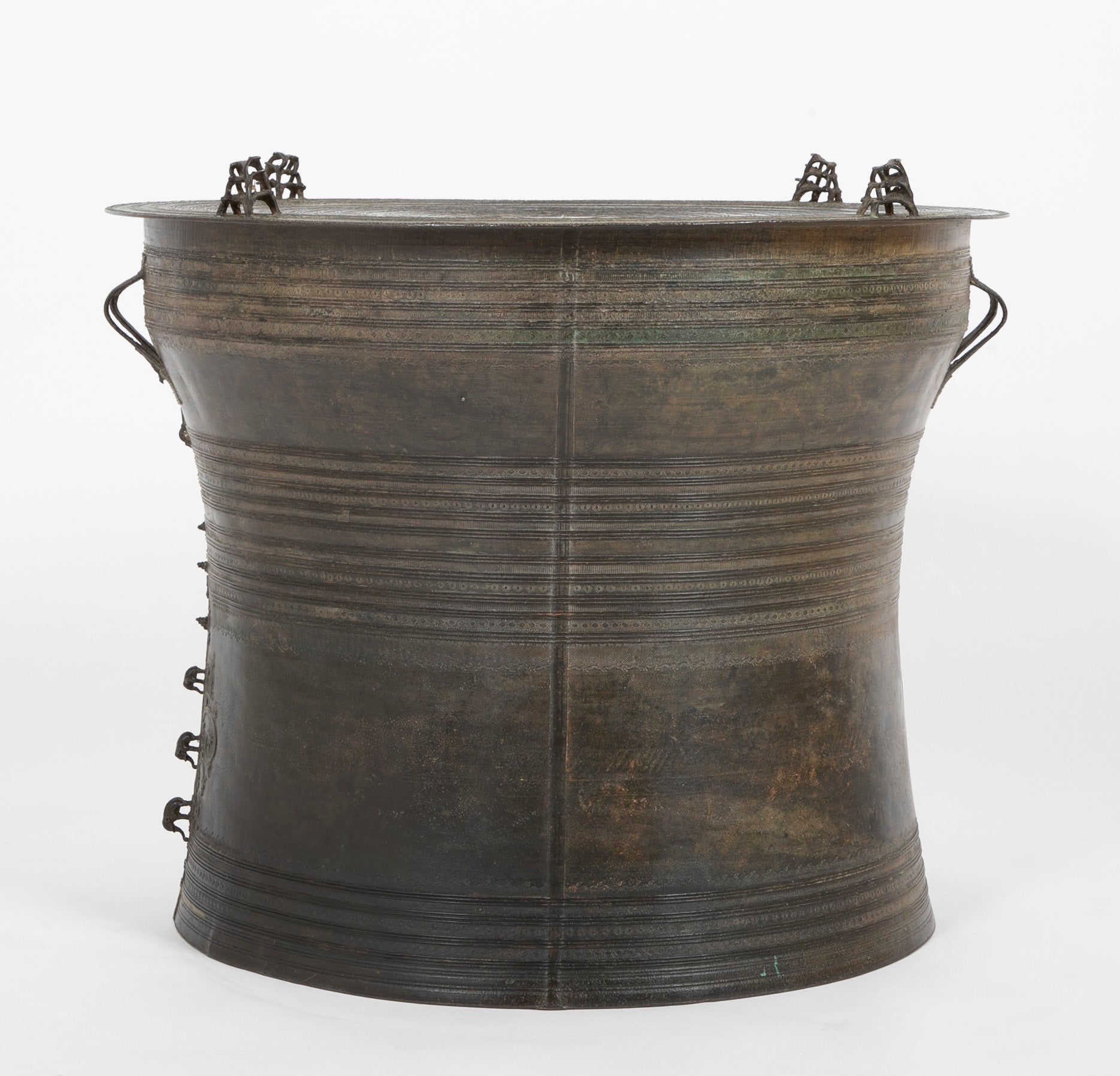 Southeast Asian Bronze Rain Drum with Triple Stacked Piggy-back Frogs & a Procession of Elephants
