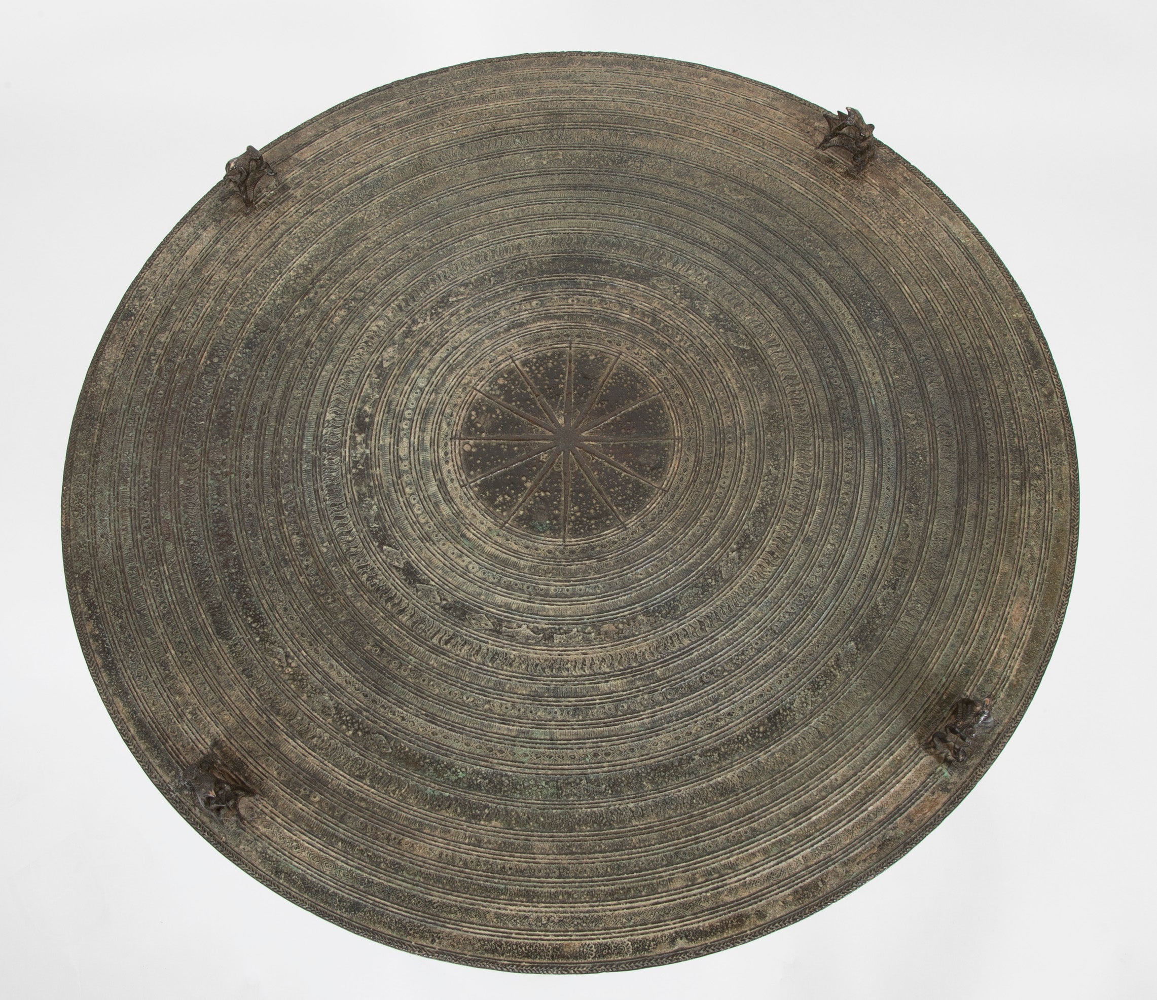 Southeast Asian Bronze Rain Drum with Triple Stacked Piggy-back Frogs & a Procession of Elephants