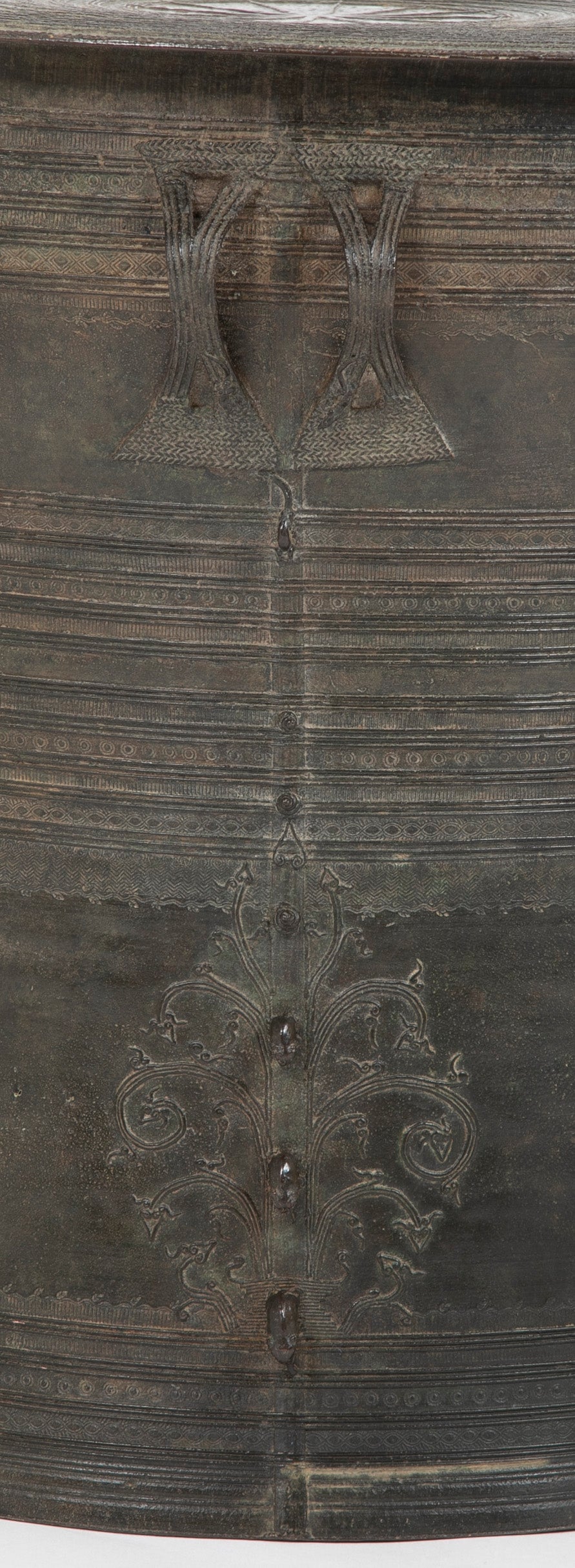 Southeast Asian Bronze Rain Drum with Triple Stacked Piggy-back Frogs & a Procession of Elephants