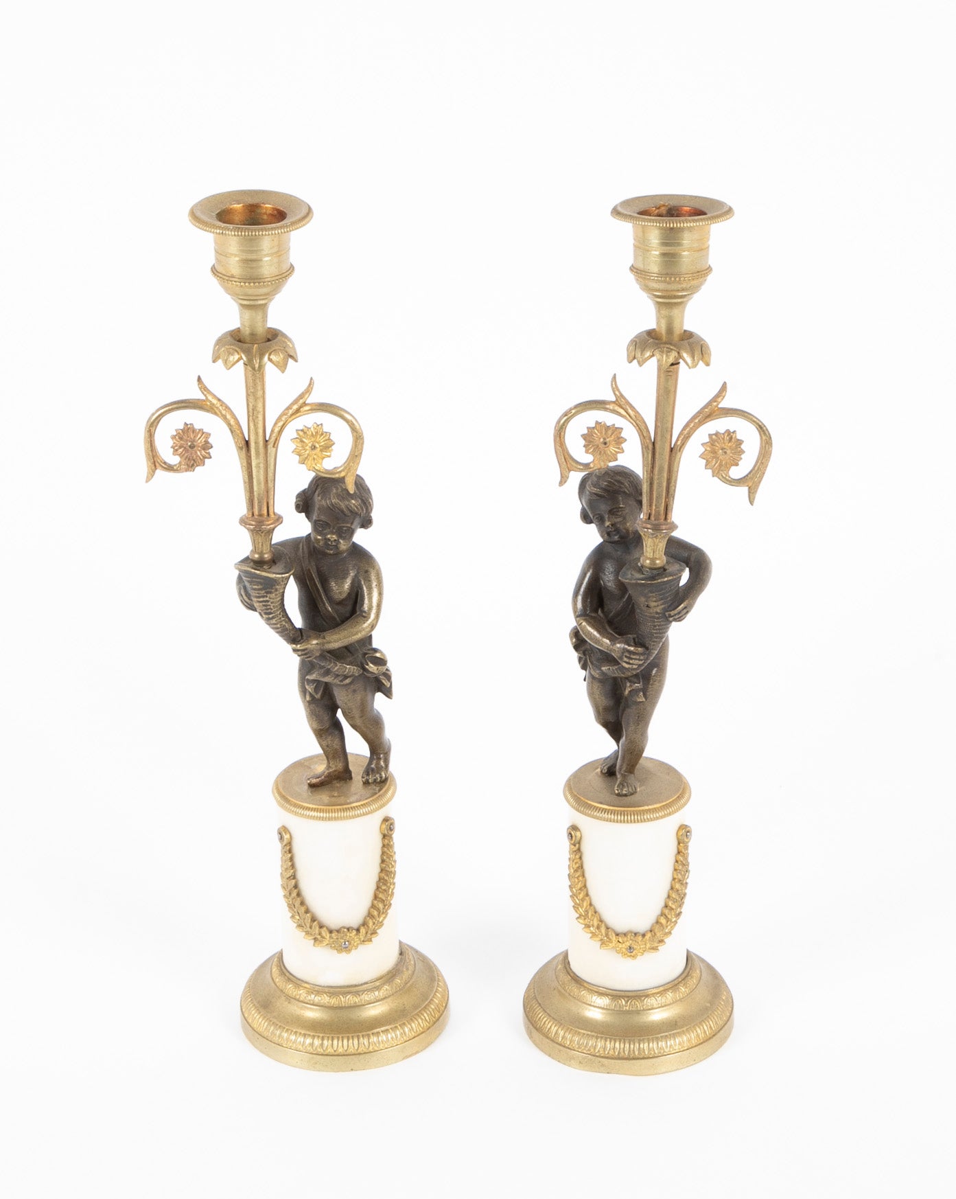 Pair of Regency Bronze & Marble Classical Putti Candlesticks