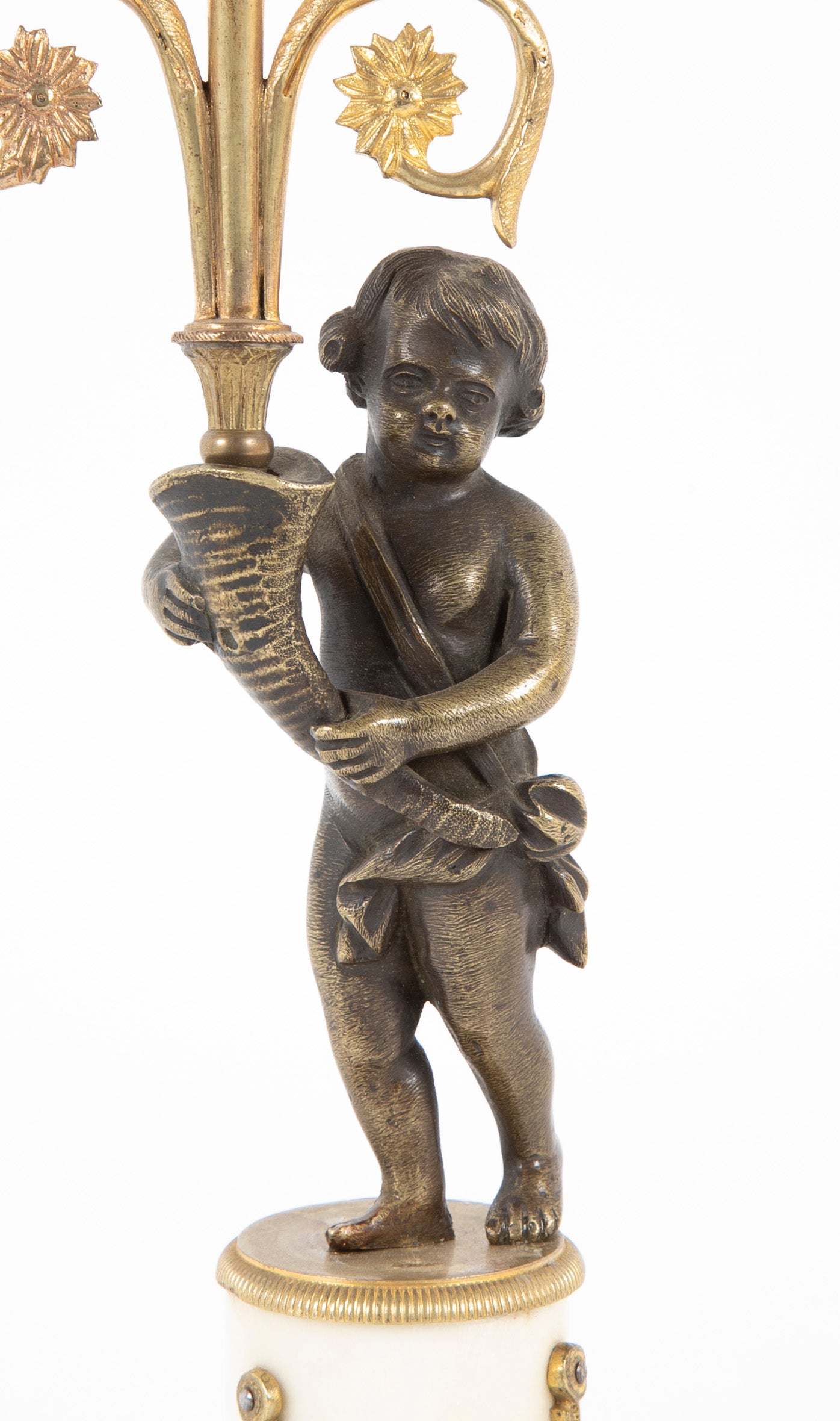 Pair of Regency Bronze & Marble Classical Putti Candlesticks