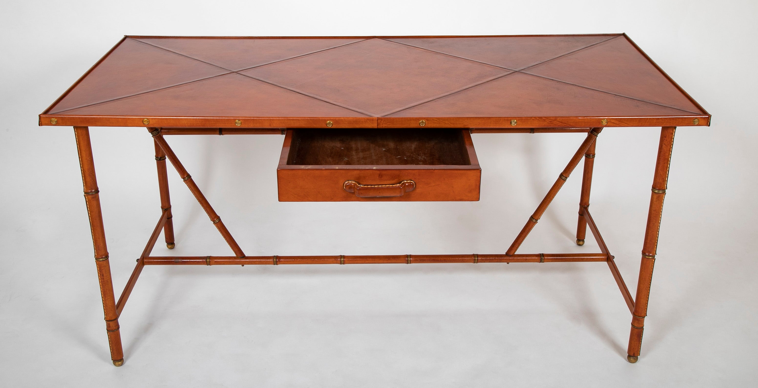 Jacques Adnet Desk of Saddle Stitched Leather over Steel