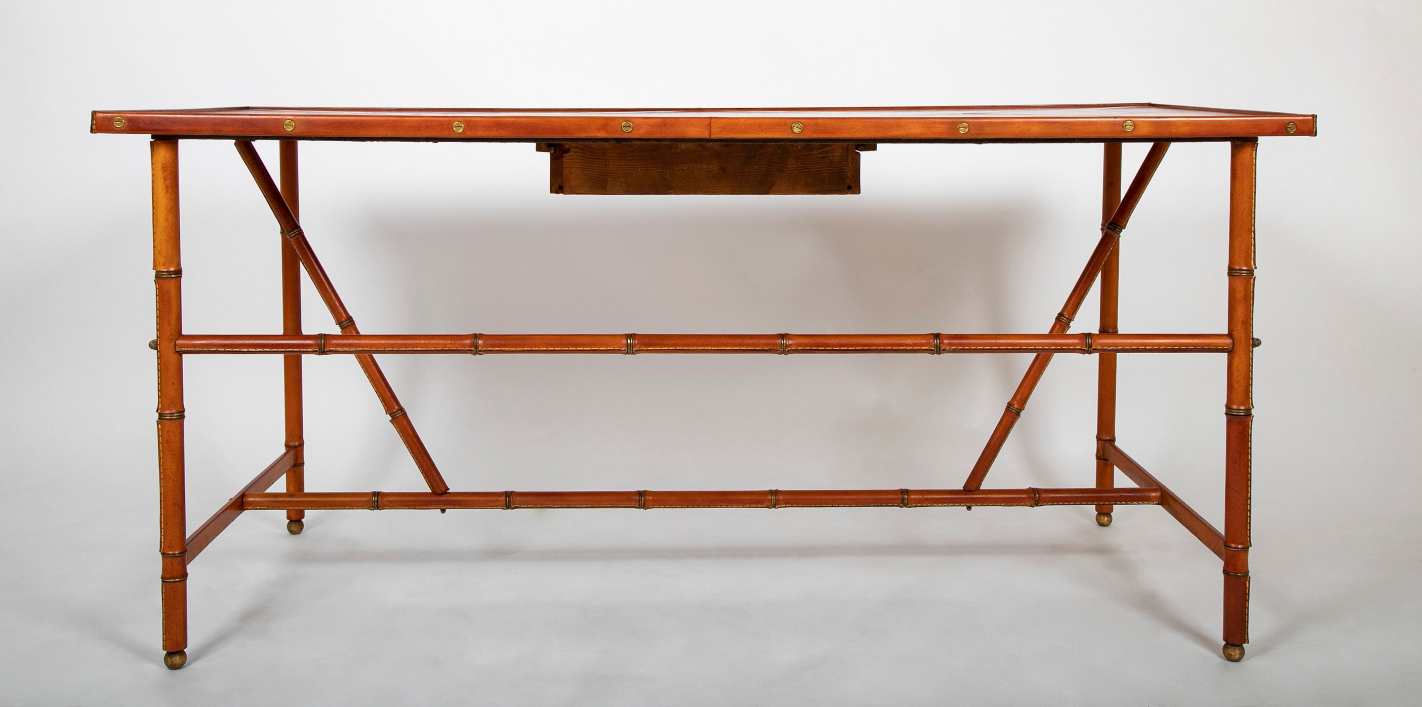 Jacques Adnet Desk of Saddle Stitched Leather over Steel