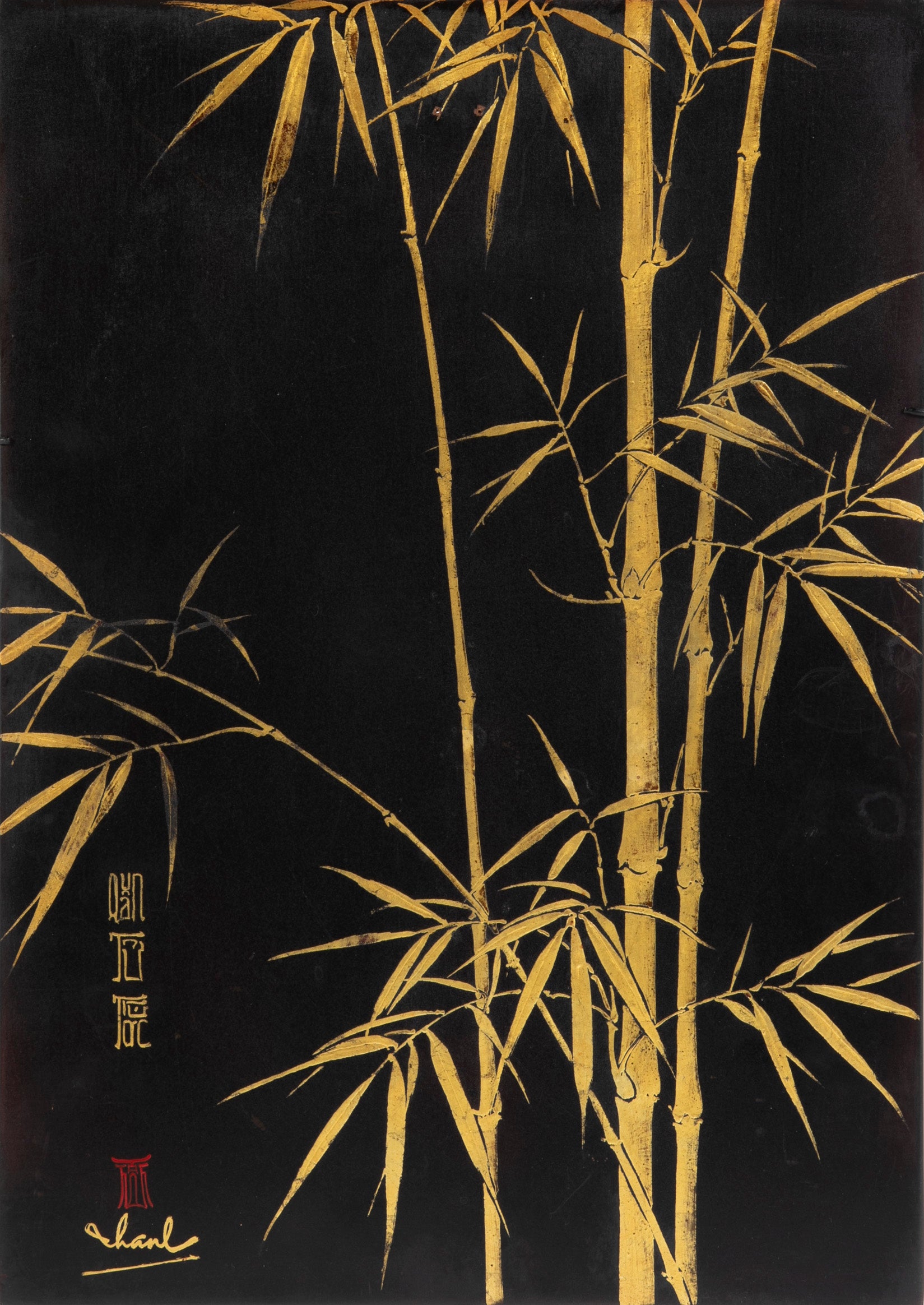 Truong van Thanh Wood panel with Black & Gold Depiction of Bamboo