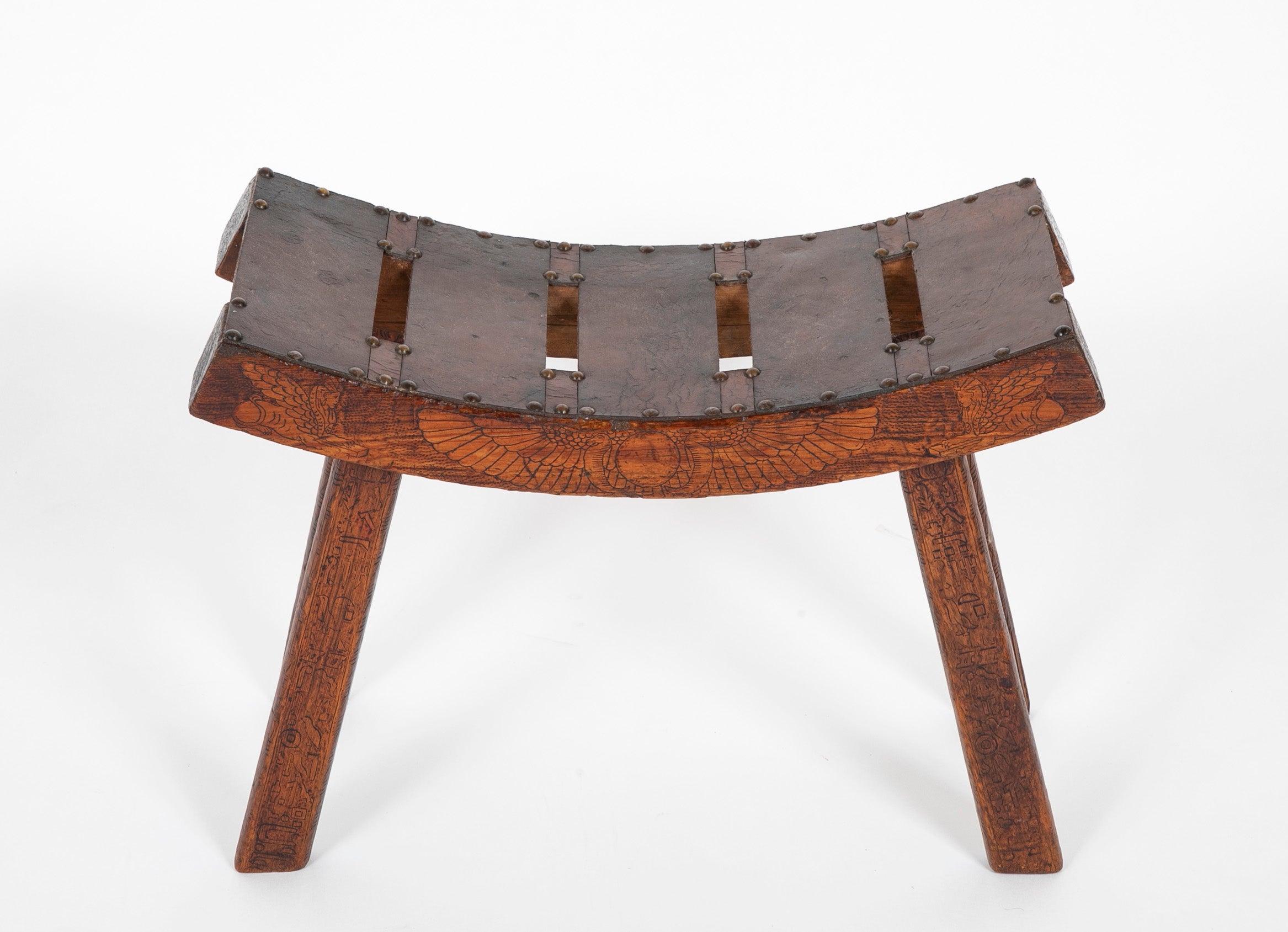 Pine and Leather Stool with Curved Seat in the "Egyptian" Style
