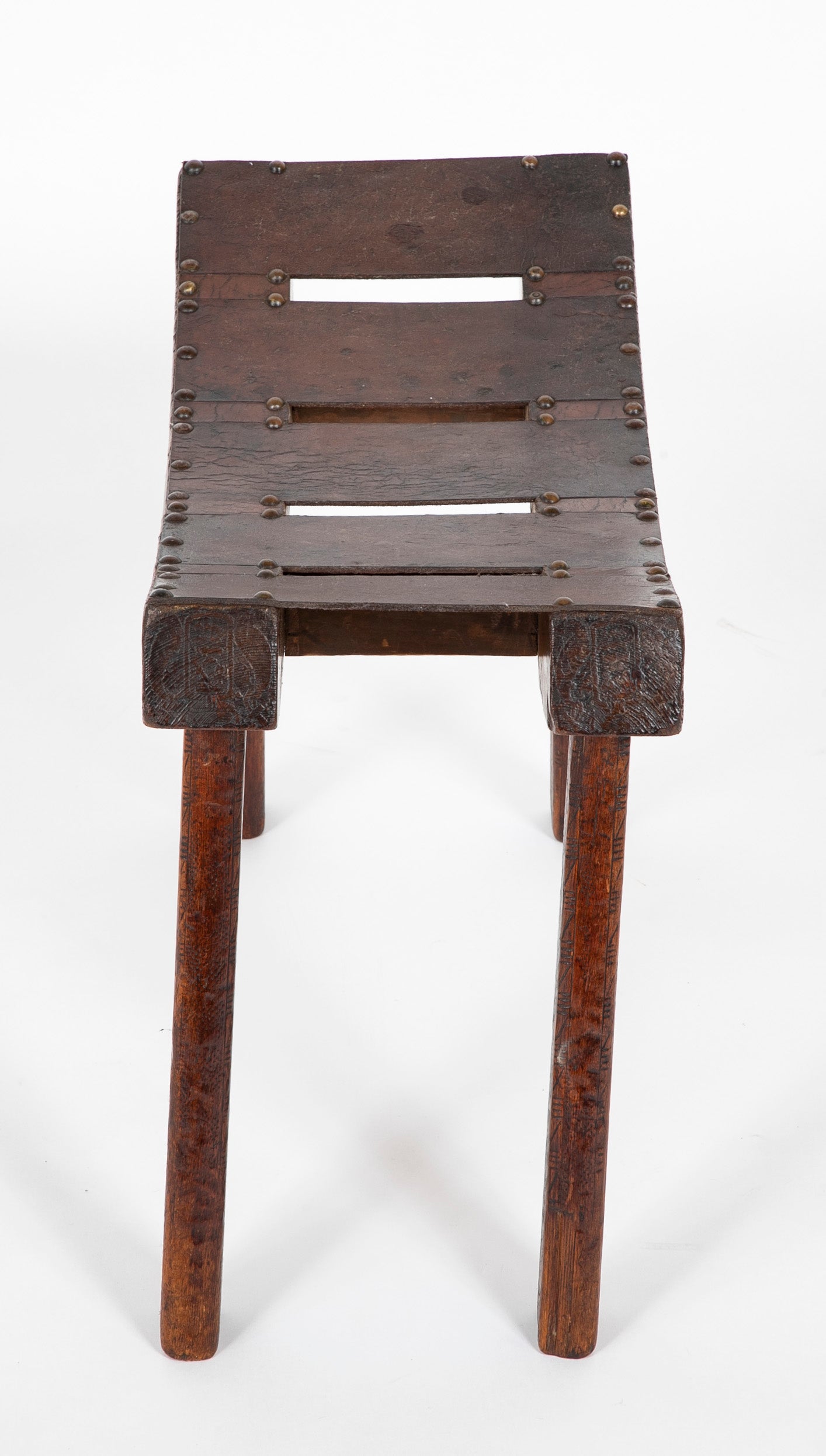Pine and Leather Stool with Curved Seat in the "Egyptian" Style