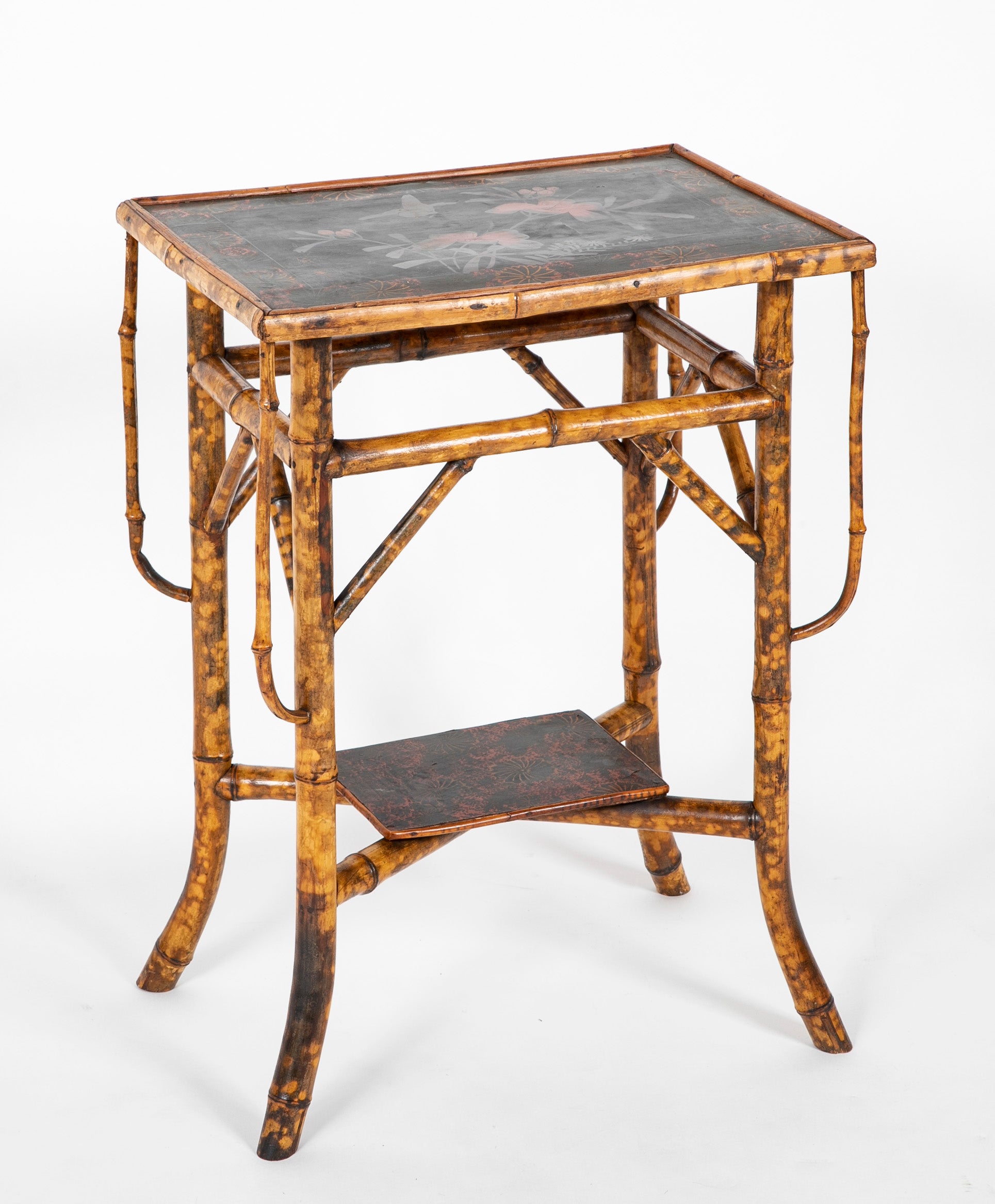 Two Tiered Bamboo Table with Black Lacquered Top