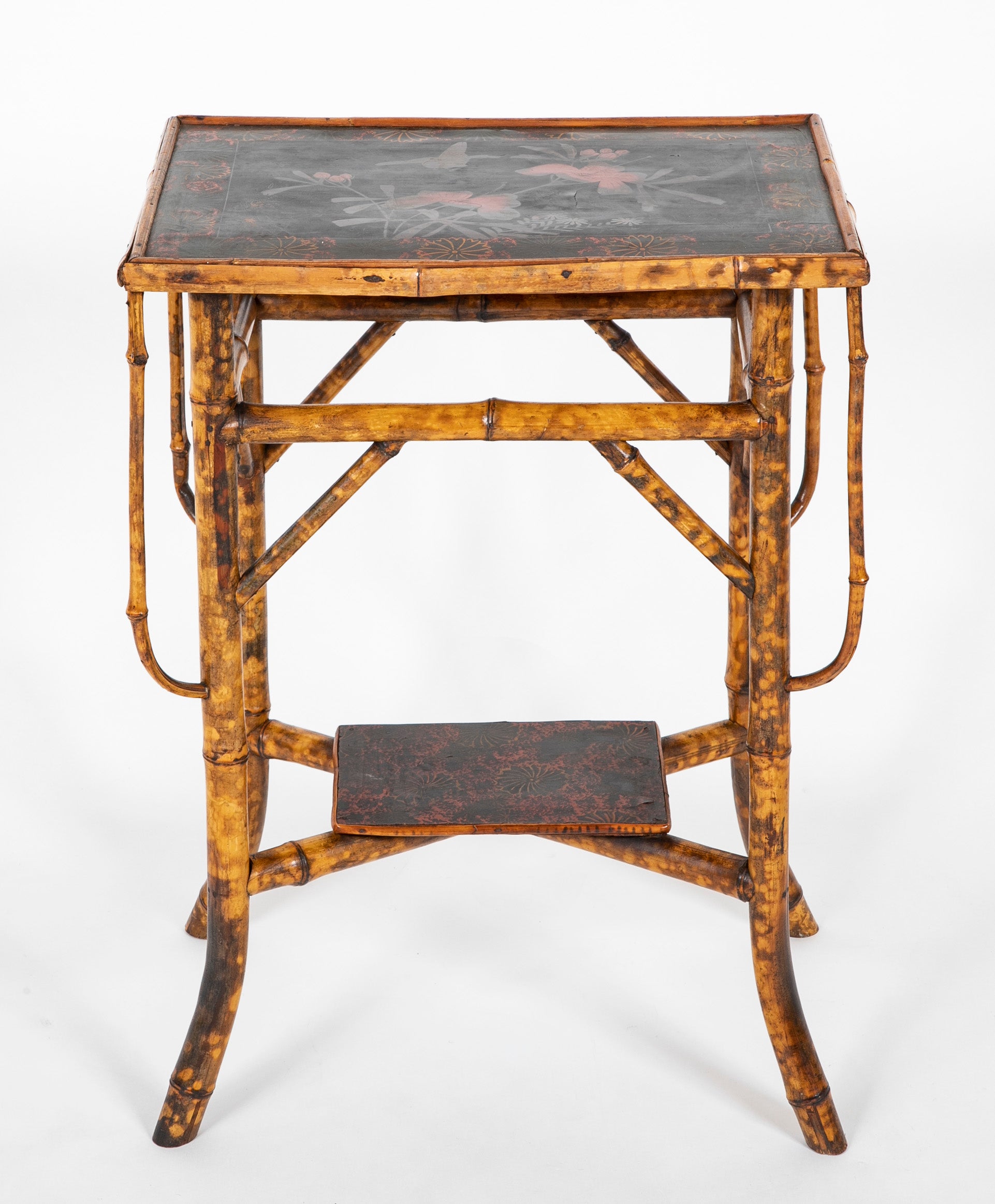 Two Tiered Bamboo Table with Black Lacquered Top