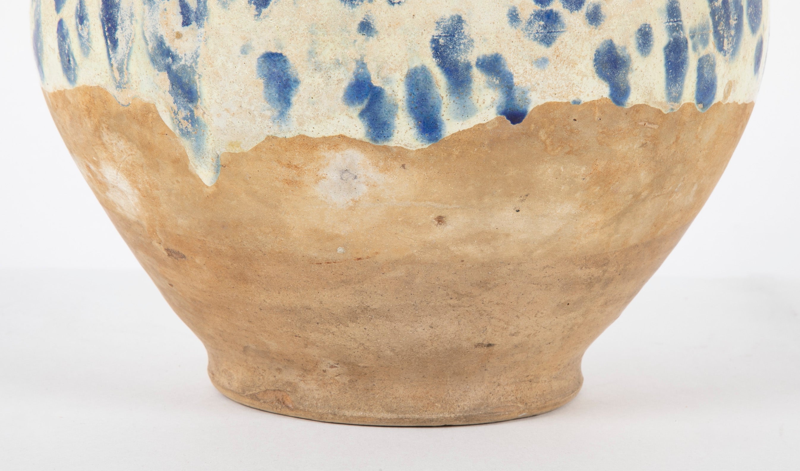 Chinese Blue Spotted White Glazed Ovoid Pottery Jar with Everted Mouth