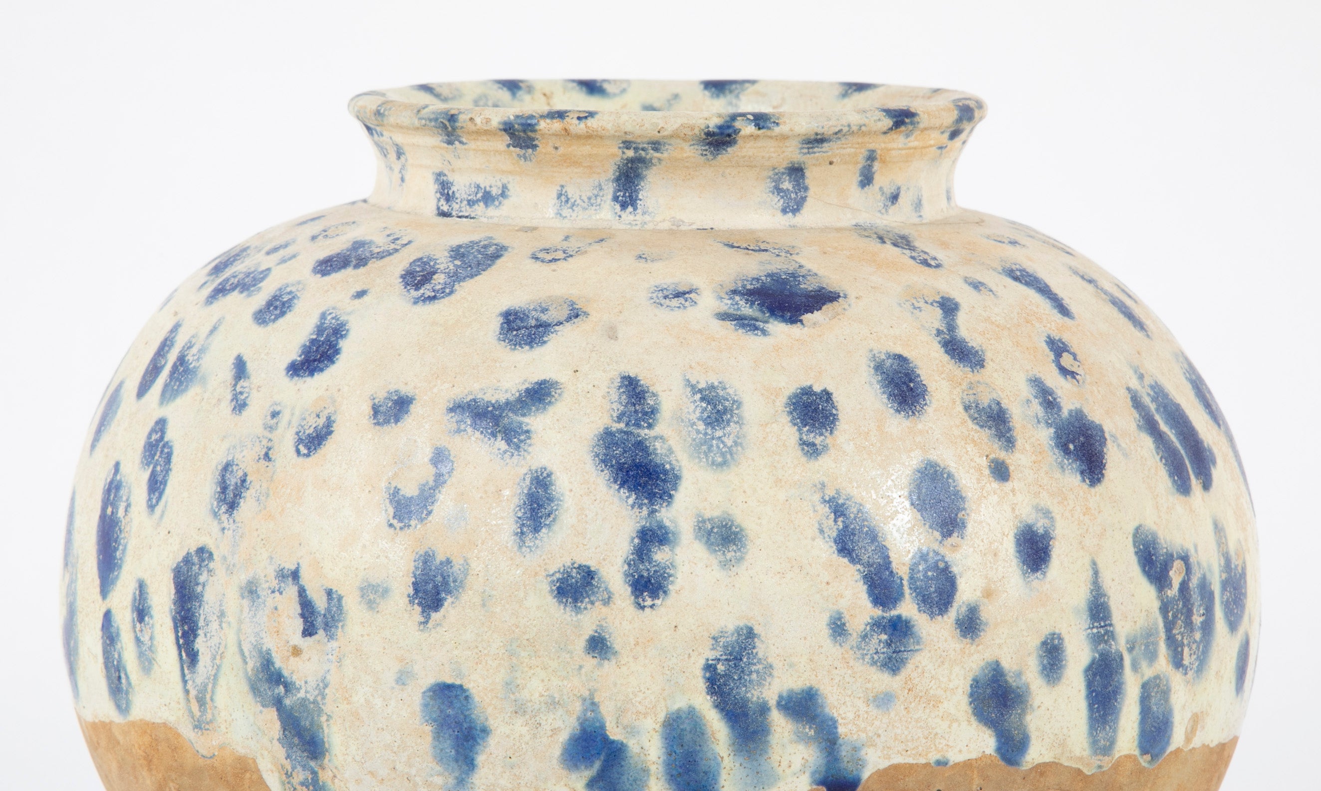 Chinese Blue Spotted White Glazed Ovoid Pottery Jar with Everted Mouth