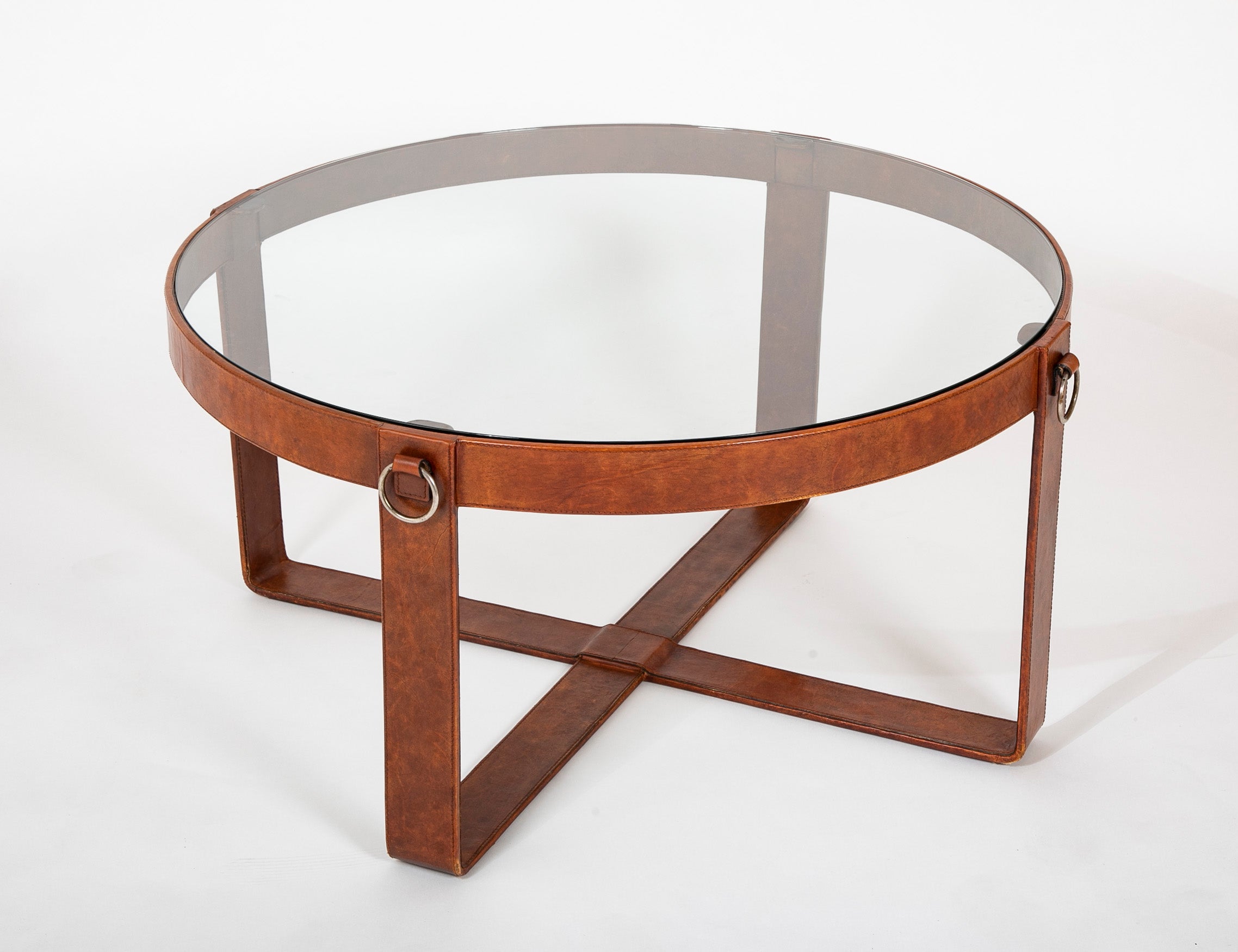 Jacques Adnet Style Leather, Iron and Brass Glass Top Coffee Table