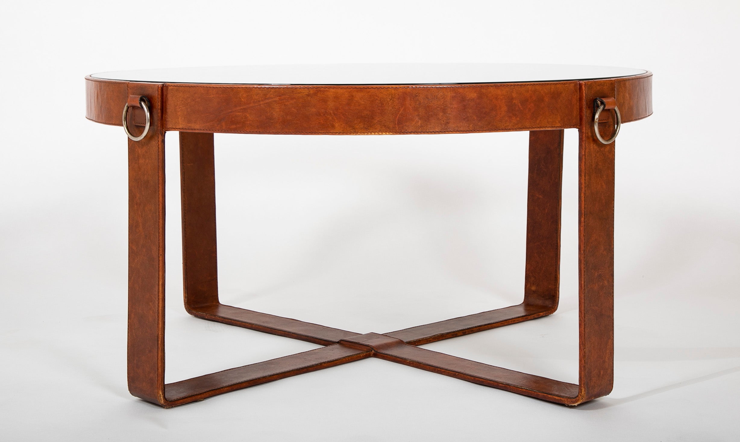 Jacques Adnet Style Leather, Iron and Brass Glass Top Coffee Table