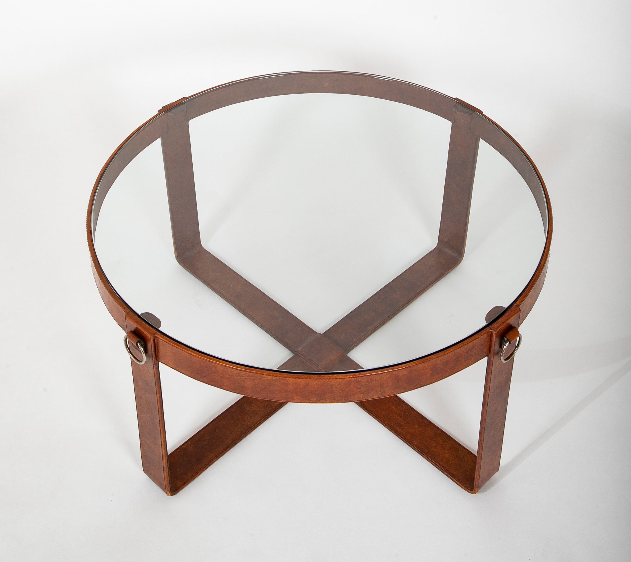 Jacques Adnet Style Leather, Iron and Brass Glass Top Coffee Table