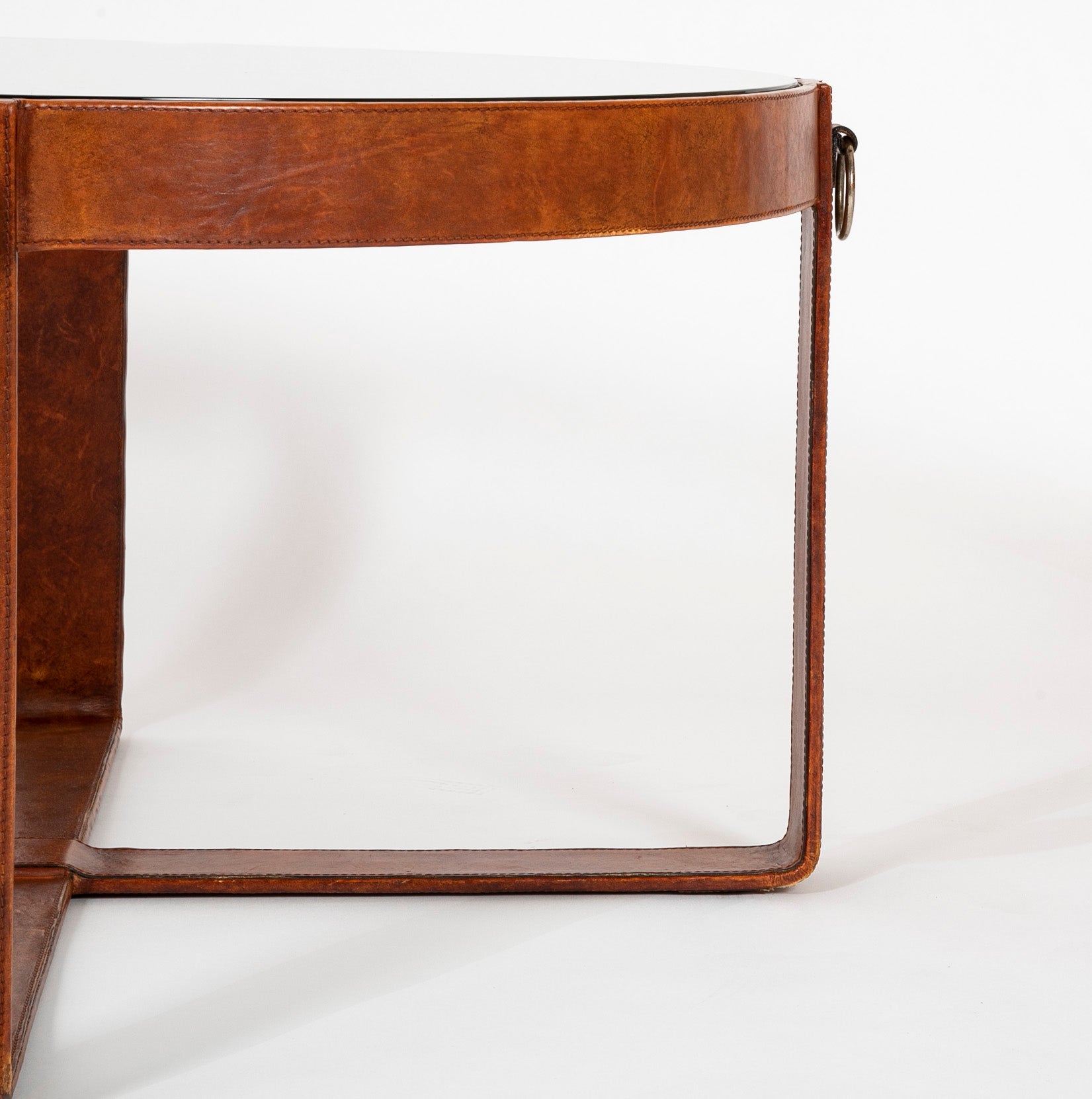 Jacques Adnet Style Leather, Iron and Brass Glass Top Coffee Table