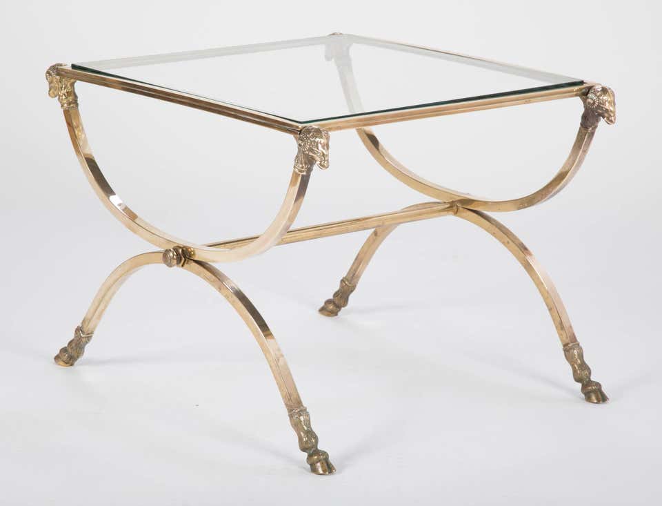 Italian Mid-Century Glass Topped Bronze Side Table with Rams Heads and Hoof Feet