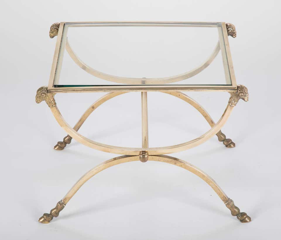 Italian Mid-Century Glass Topped Bronze Side Table with Rams Heads and Hoof Feet