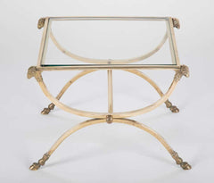 Italian Mid-Century Glass Topped Bronze Side Table with Rams Heads and Hoof Feet