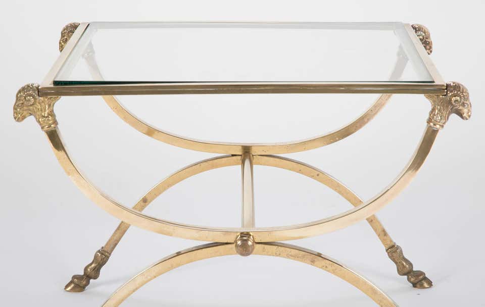 Italian Mid-Century Glass Topped Bronze Side Table with Rams Heads and Hoof Feet
