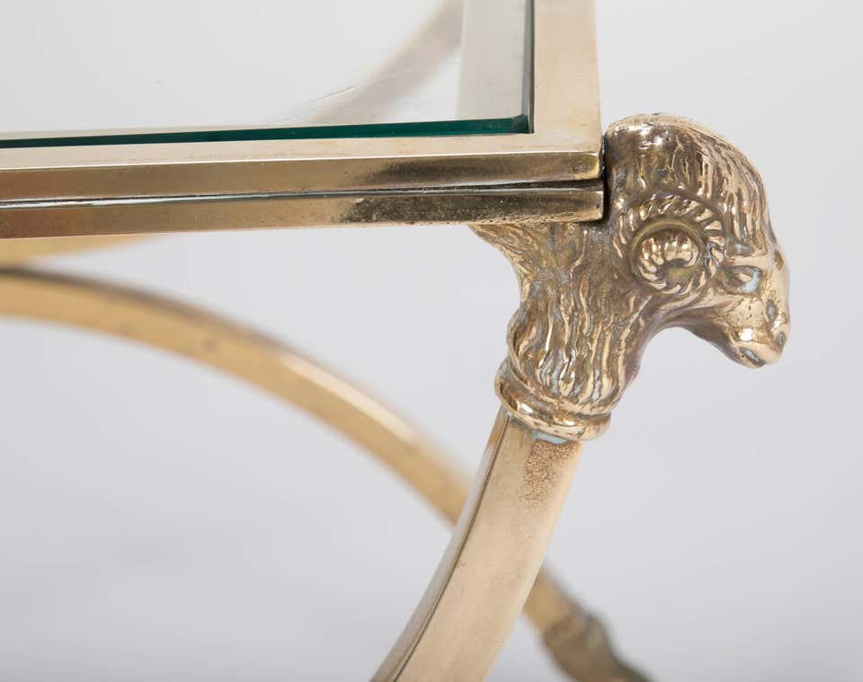 Italian Mid-Century Glass Topped Bronze Side Table with Rams Heads and Hoof Feet