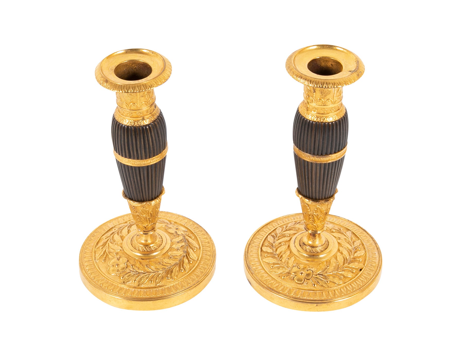 A Pair of Early 19th century French Gilt & Patinated Bronze Candlesticks