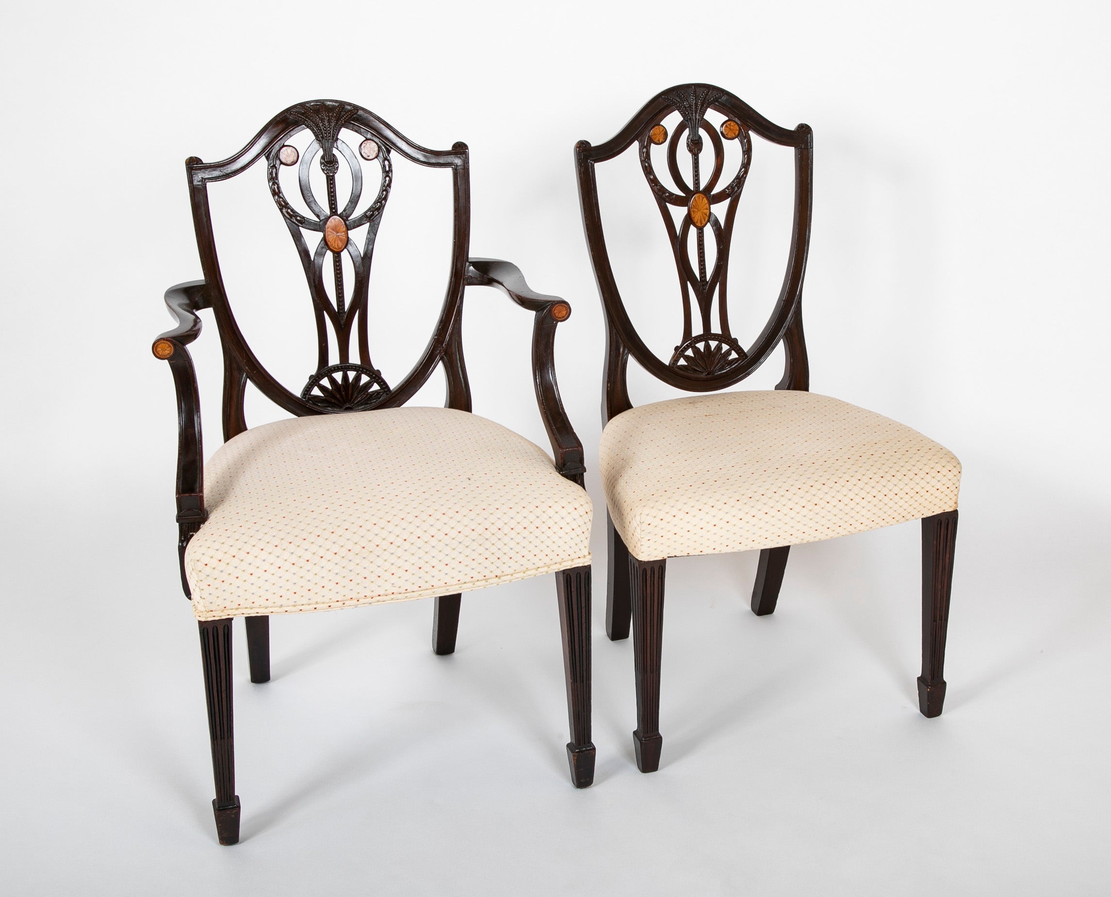 Set of 10 George III Period Shield Back Dining Chairs with Rare Inlay