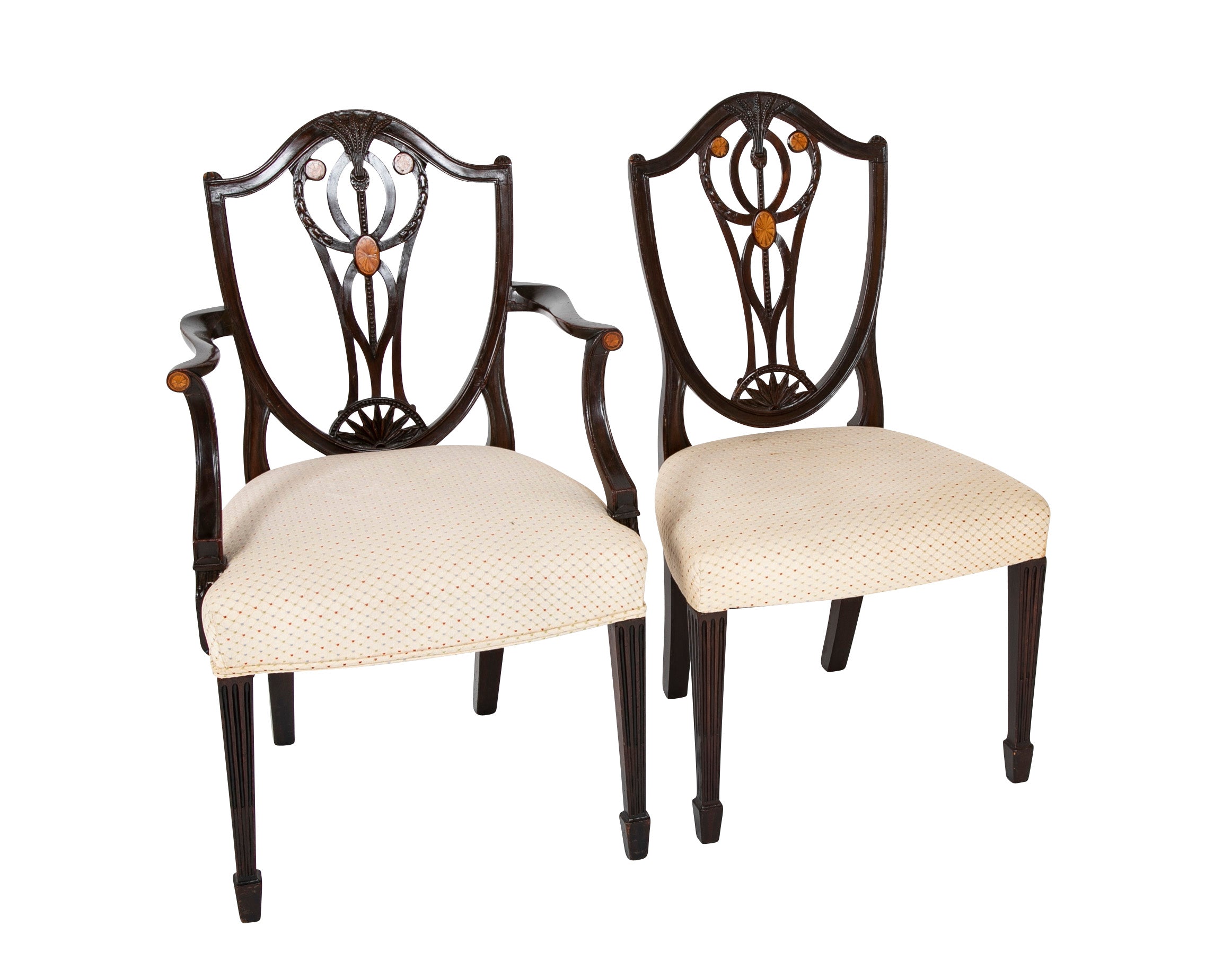 Set of 10 George III Period Shield Back Dining Chairs with Rare Inlay