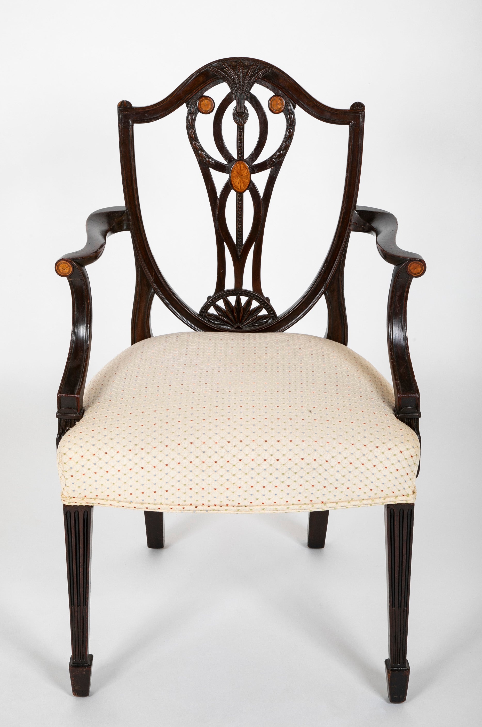 Set of 10 George III Period Shield Back Dining Chairs with Rare Inlay