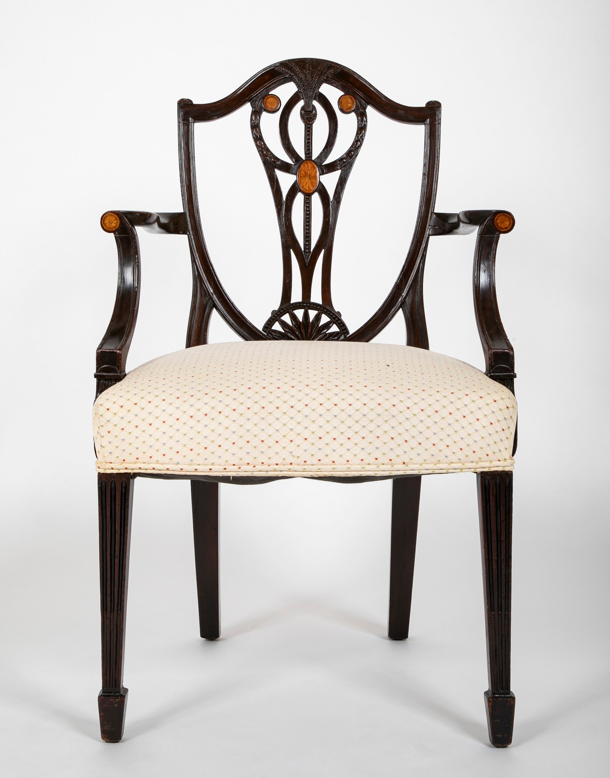 Set of 10 George III Period Shield Back Dining Chairs with Rare Inlay