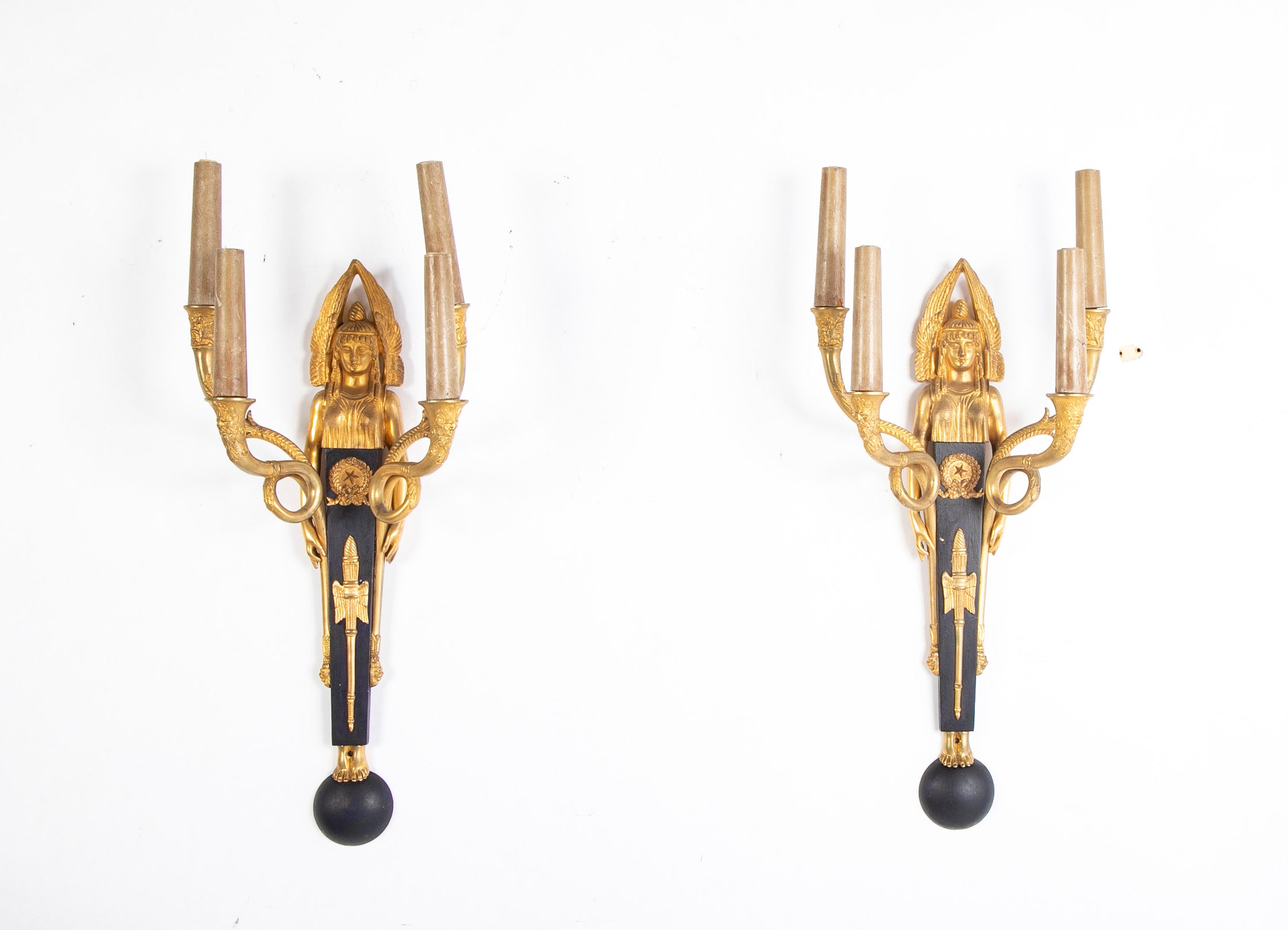 Pair of Empire Four Arm Gilded & Patinated Sphinx Figure Sconces