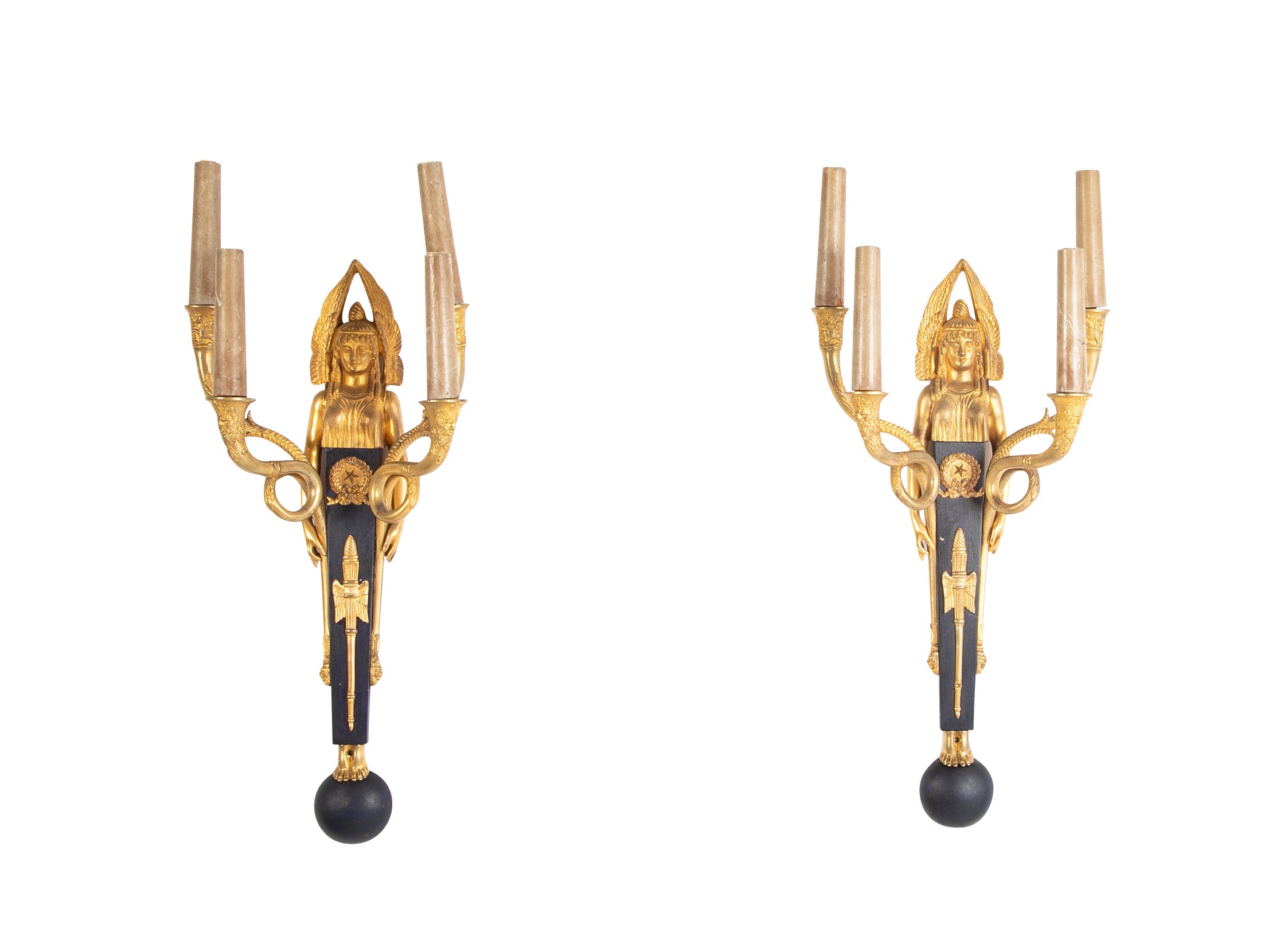 Pair of Empire Four Arm Gilded & Patinated Sphinx Figure Sconces