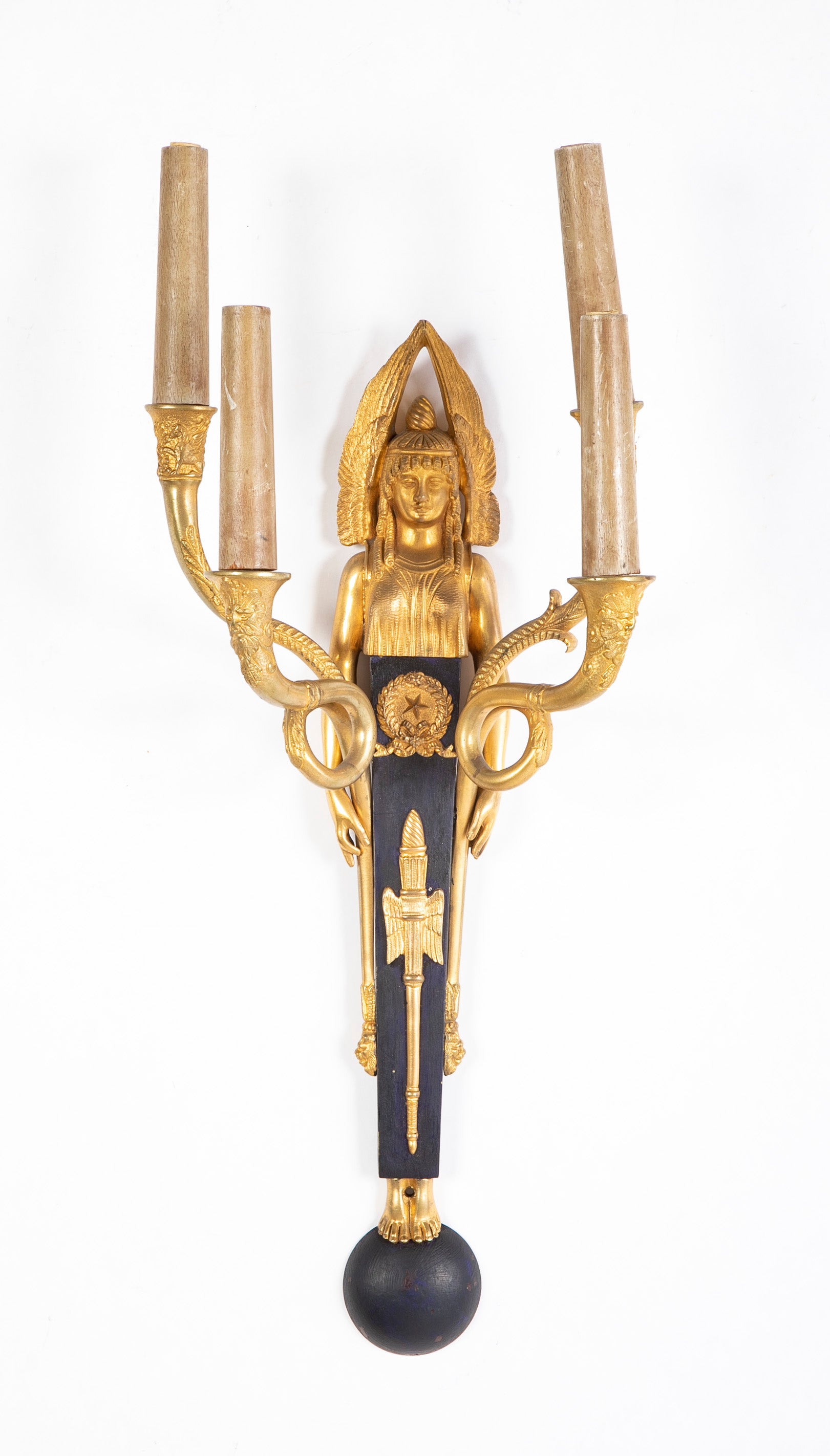 Pair of Empire Four Arm Gilded & Patinated Sphinx Figure Sconces