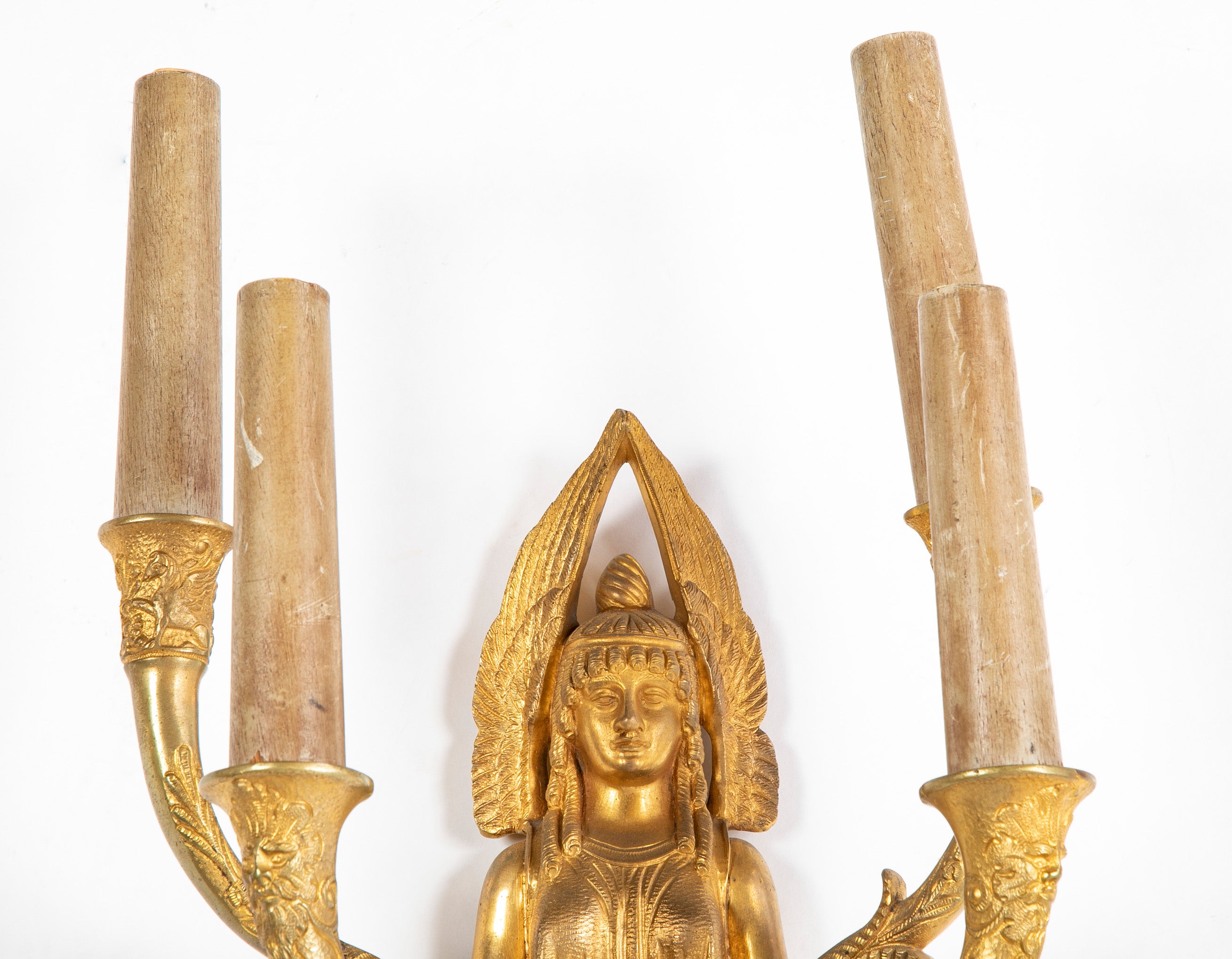 Pair of Empire Four Arm Gilded & Patinated Sphinx Figure Sconces
