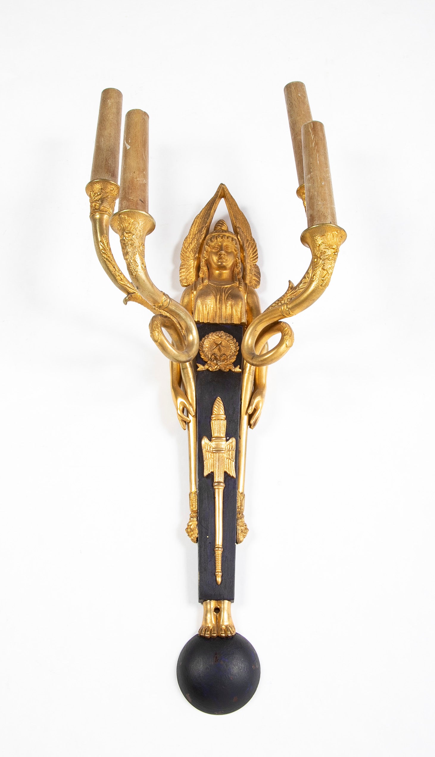 Pair of Empire Four Arm Gilded & Patinated Sphinx Figure Sconces