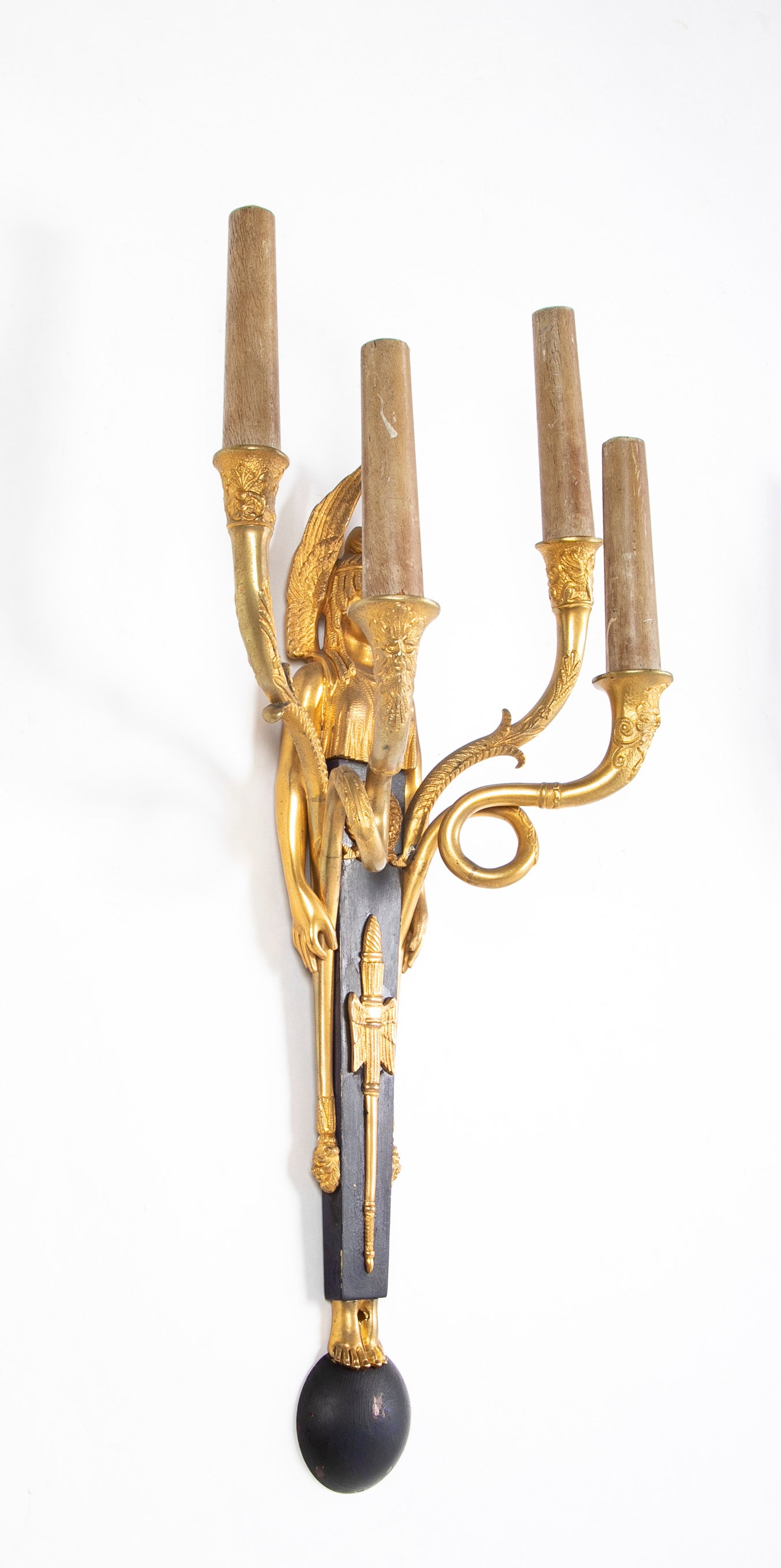 Pair of Empire Four Arm Gilded & Patinated Sphinx Figure Sconces